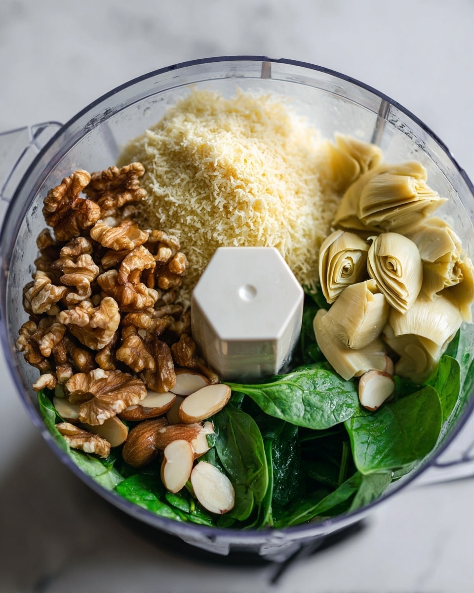 A clear food processor bowl holds layers of ingredients clearly separated by color and texture. The base layer shows fresh green spinach leaves scattered around. On one side, there are whole light brown walnuts piled with a rough, uneven texture. Next to them is a cluster of beige to pale yellow artichoke hearts with soft, wrinkled surfaces. There are several whole pale white blanched almonds positioned near the artichokes. Behind these ingredients is a mound of finely grated pale yellow cheese, slightly crumbly in appearance. The food processor blade holder stands in the center, white and hexagonal. The whole setup is on a white marbled surface. photo taken with an iphone --ar 4:5 --v 7