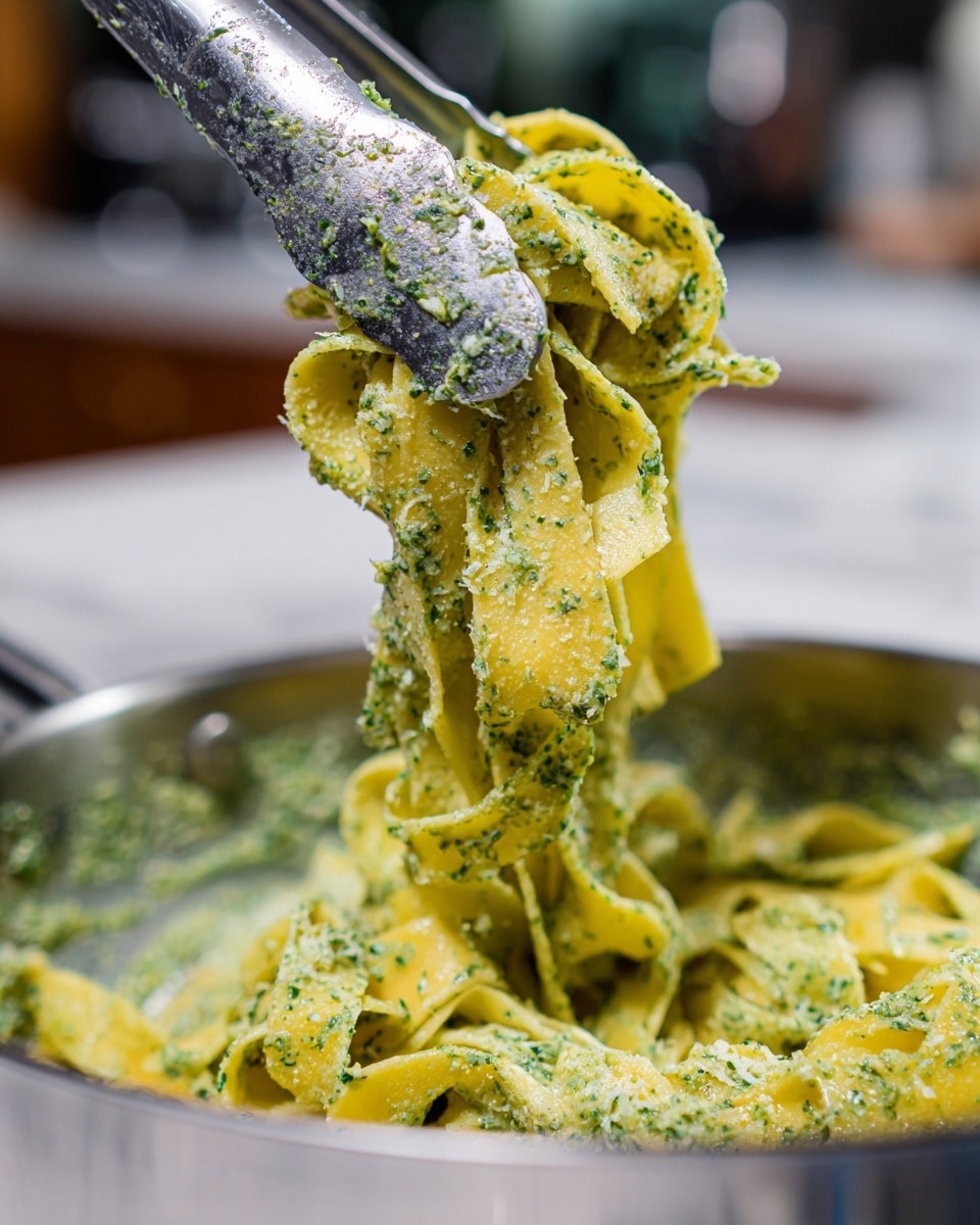 A close-up view of wide yellow pasta ribbons thickly coated with a green herb sauce, showing a speckled texture with bits of herbs and cheese; the pasta is twisted around shiny silver tongs held above a shiny silver pan filled with more pasta, all set against a white marbled surface with a blurred kitchen background. photo taken with an iphone --ar 4:5 --v 7
