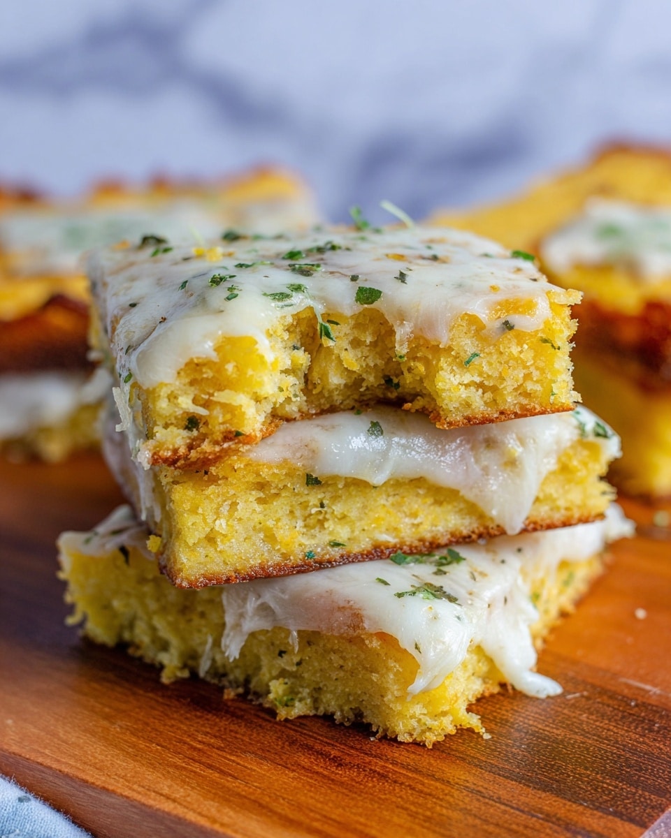 The image shows a stack of three square pieces of cheesy cornbread on a wooden board with a white marbled background. Each piece has two layers: a thick, golden-yellow cornbread base with a slightly crumbly texture, and a smooth, white melted cheese layer on top with small green herb bits scattered over it. The top piece has a bite taken out, revealing the soft, crumbly cornbread inside. In the background, more pieces are slightly out of focus. photo taken with an iphone --ar 4:5 --v 7