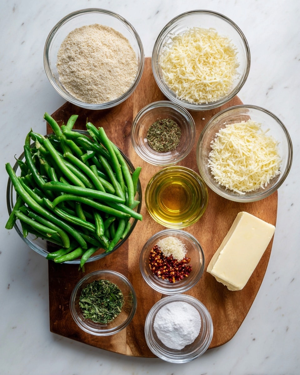 The image shows a clear glass bowl filled with fresh green beans in the bottom left corner. Above it, a wooden board holds several small clear glass bowls arranged in two rows. The larger bowl at the top left contains light beige breadcrumbs, while the larger bowl at the bottom right contains finely grated pale yellow cheese. Smaller bowls between them include golden olive oil, red chili flakes, green dried herbs, black pepper, another green herb, white flour, and minced garlic. A small block of butter sits to the right of the board. The background is a white marbled surface. Photo taken with an iphone --ar 4:5 --v 7