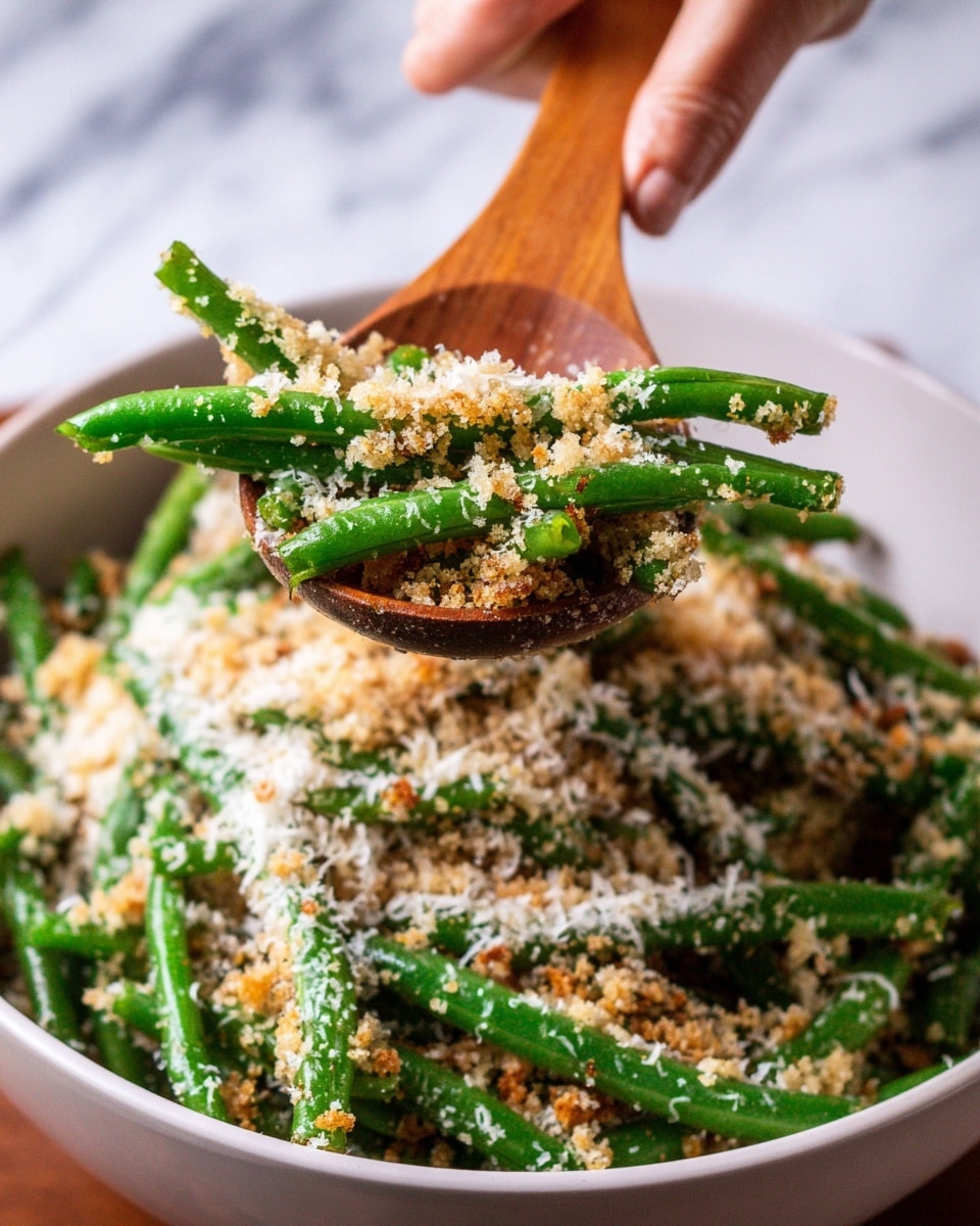 The image shows a close-up of green beans mixed with toasted breadcrumbs and grated cheese. The green beans are bright green and fresh looking, forming the base layer in a white bowl. On top, there is a layer of golden, crunchy breadcrumbs scattered unevenly across the beans, adding a rough texture. White grated cheese is sprinkled liberally over the breadcrumbs, creating a contrast with soft white patches. A woman's hand is holding a wooden spoon lifting a serving of the green beans topped with breadcrumbs and cheese, captured against a white marbled surface in the background. photo taken with an iphone --ar 4:5 --v 7