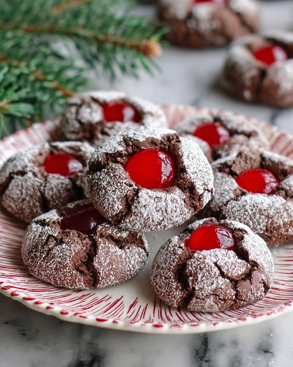 The image shows a white plate with red stripes around the edge, holding round chocolate cookies. Each cookie has a cracked, rough texture with a dusting of powdered sugar on top. In the center of every cookie is a shiny, bright red cherry that is slightly raised above the cookie surface. The cookies are tightly placed on the plate, with some more cookies in the background on a white marbled surface. A green pine branch is partially visible in the upper left corner, adding a touch of festive color. photo taken with an iphone --ar 4:5 --v 7
