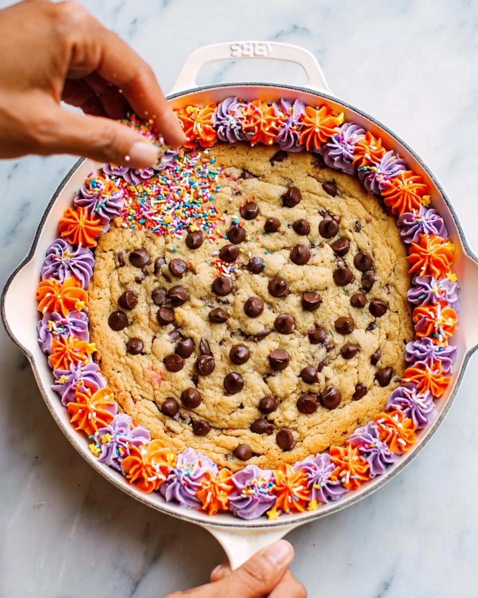 The image shows a large round chocolate chip cookie baked in a white frying pan. The cookie is light golden brown with melted dark chocolate chips scattered on top. Around the edge of the frying pan, there is a colorful border made of alternating swirls of purple and orange frosting, decorated with small orange and purple star-shaped sprinkles. A woman's hand is seen sprinkling more multicolored sprinkles over the frosting border. The background is a white marbled surface. Photo taken with an iphone --ar 4:5 --v 7