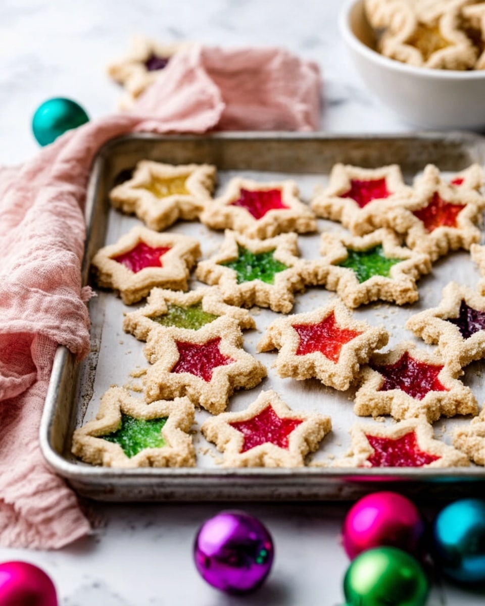 A baking tray filled with star and snowflake shaped cookies, each with a smaller star cutout in the center filled with bright red or green translucent jam, showing a glossy texture. The cookies are a light golden brown, slightly textured with a soft crumbly look. Wrapped partially in the tray is a light pink cloth, and colorful Christmas ornaments in shiny red, green, and purple are placed around the tray on a white marbled surface. A white bowl is partly visible on the right side, also holding more cookies. Photo taken with an iphone --ar 4:5 --v 7