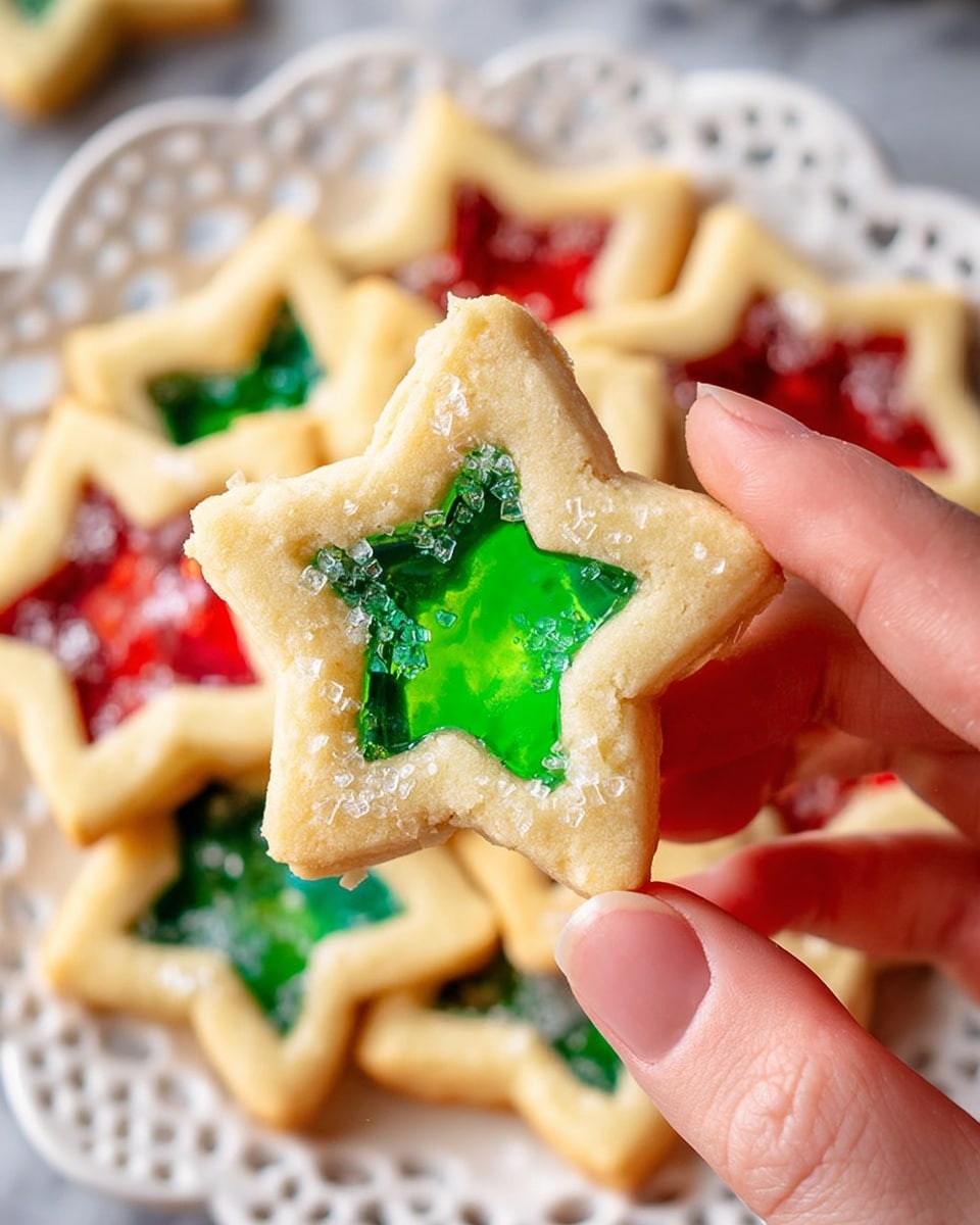 A close-up of a star-shaped cookie with six points held between a woman's thumb and forefinger, showing two layers: a thick pale yellow cookie base with a slightly rough texture, and a translucent green stained-glass center that is shiny and smooth with some unevenness. In the background, several similar star-shaped cookies with red and green stained-glass centers are arranged on a white plate with a decorative white paper doily, all placed on a white marbled surface. The cookies have small sugar crystals sprinkled on top, adding a sparkling effect. Photo taken with an iphone --ar 4:5 --v 7