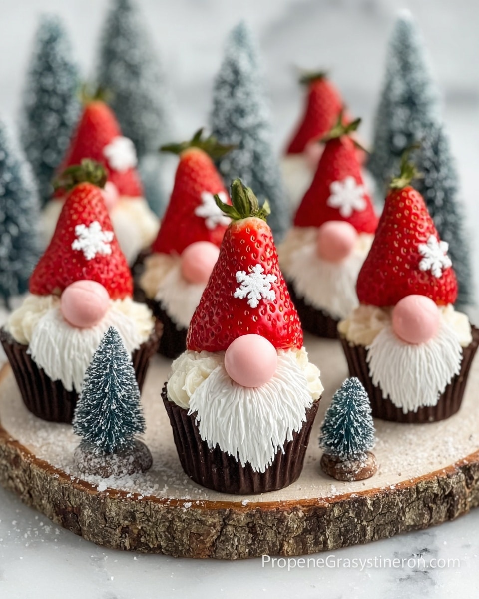 The image shows six small cupcake gnome treats on a white marbled surface, arranged on a slice of tree trunk. Each cupcake has a dark brown base topped with a thick layer of white cream shaped like a beard. On top of the cream, there is a small round pink candy placed in the center as a nose. Each gnome is topped with a large halved red strawberry serving as a hat, decorated with a small white snowflake candy on the front. Around the cupcakes, there are miniature Christmas trees covered in white, adding to the festive look. Photo taken with an iphone --ar 4:5 --v 7