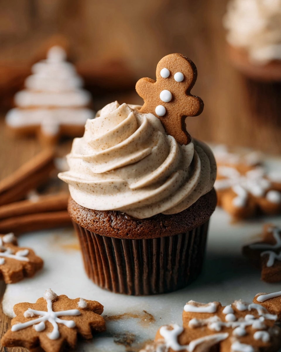 A single cupcake with a dark brown base sits on a white marbled surface with a swirl of light beige frosting on top. On one side of the frosting, a small gingerbread man cookie with three white dots as buttons is placed upright. Around the cupcake, there are several gingerbread cookies scattered, shaped like gingerbread men, a Christmas tree with white icing dots, and white snowflakes. The background has a warm wooden texture that is blurred, with cinnamon sticks also visible. photo taken with an iphone --ar 4:5 --v 7