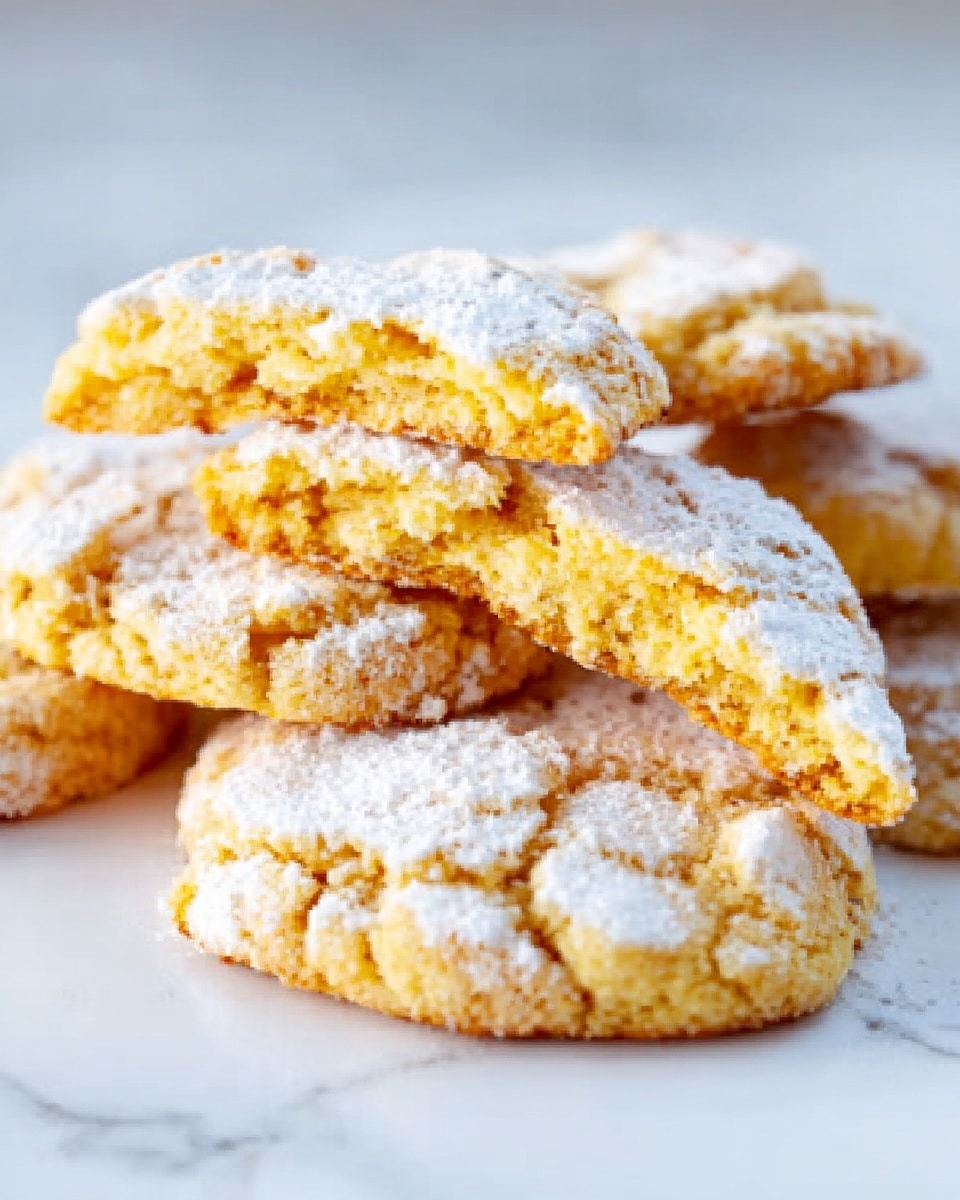 The image shows several pieces of light golden yellow cookies with a rough, cracked surface, dusted with a white powder that looks like powdered sugar. One cookie is broken in half, revealing a soft, slightly crumbly inside with a warm yellow color. The cookies are stacked on top of each other on a plain white surface with a white marbled texture in the background. The lighting is bright, highlighting the texture and powdered sugar on the cookies. photo taken with an iphone --ar 4:5 --v 7