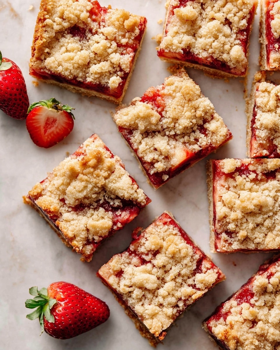 The image shows a dessert cut into several square pieces, arranged on a white marbled surface. Each piece has three visible layers: the bottom layer is a golden-brown crust, the middle layer is bright red with small chunks of strawberries giving a juicy texture, and the top layer is a crumbly light beige streusel that is uneven and slightly golden from baking. There are two halved fresh strawberries placed around the dessert, adding a touch of red and green color contrast. Photo taken with an iphone --ar 4:5 --v 7