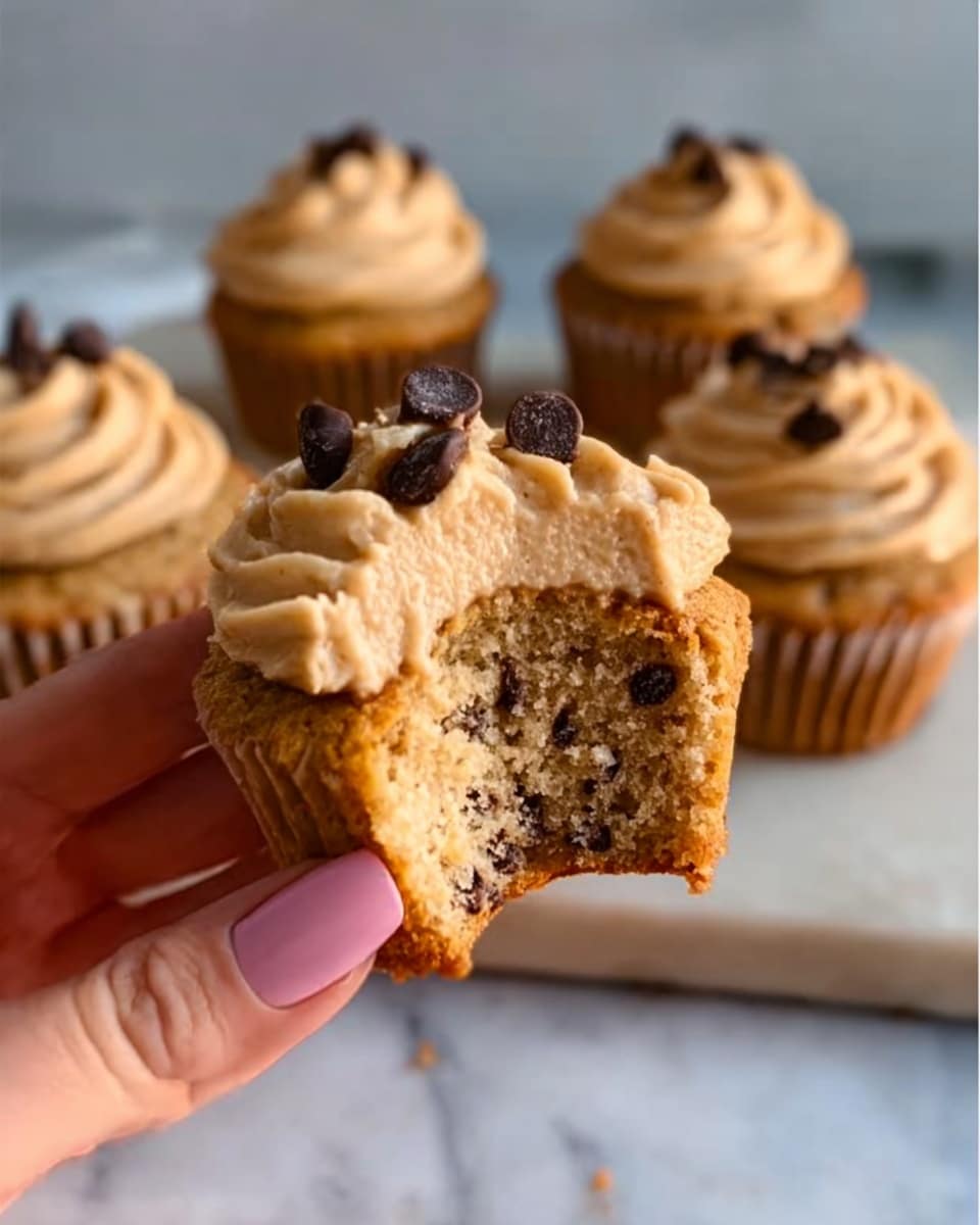 The image shows a close-up of a woman's hand holding a cupcake with a bite taken out of it. The cupcake has a light brown cake base with small dark chocolate chips inside. It is topped with a thick layer of light caramel-colored frosting which is smooth and creamy, with a few dark chocolate chips placed on top. In the background, four more cupcakes with the same frosting and chocolate chip toppings are arranged on a white marbled surface. The overall look is warm and inviting with soft natural lighting. Photo taken with an iphone --ar 4:5 --v 7