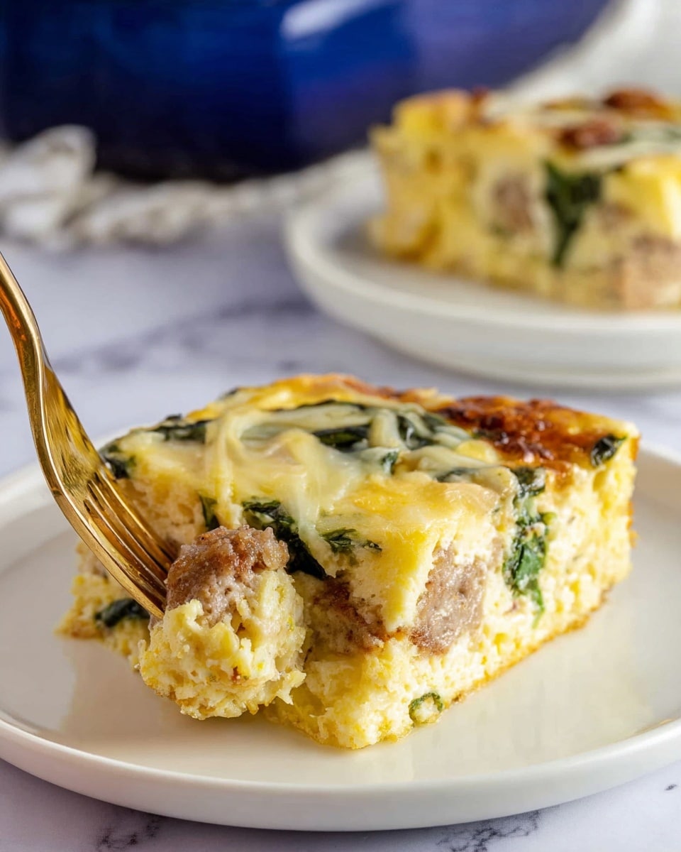 The image shows a close-up of a square piece of egg casserole on a white plate with a fork stuck into it. The casserole has a top layer of melted light yellow cheese with green spinach leaves and browned sausage pieces embedded in it. The inside is fluffy and creamy yellow with visible bits of white cheese and sausage mixed inside. A second piece of the same casserole sits blurred in the background. The plate rests on a white marbled surface, and part of a blue pot or dish can be seen in the upper background. Photo taken with an iphone --ar 4:5 --v 7