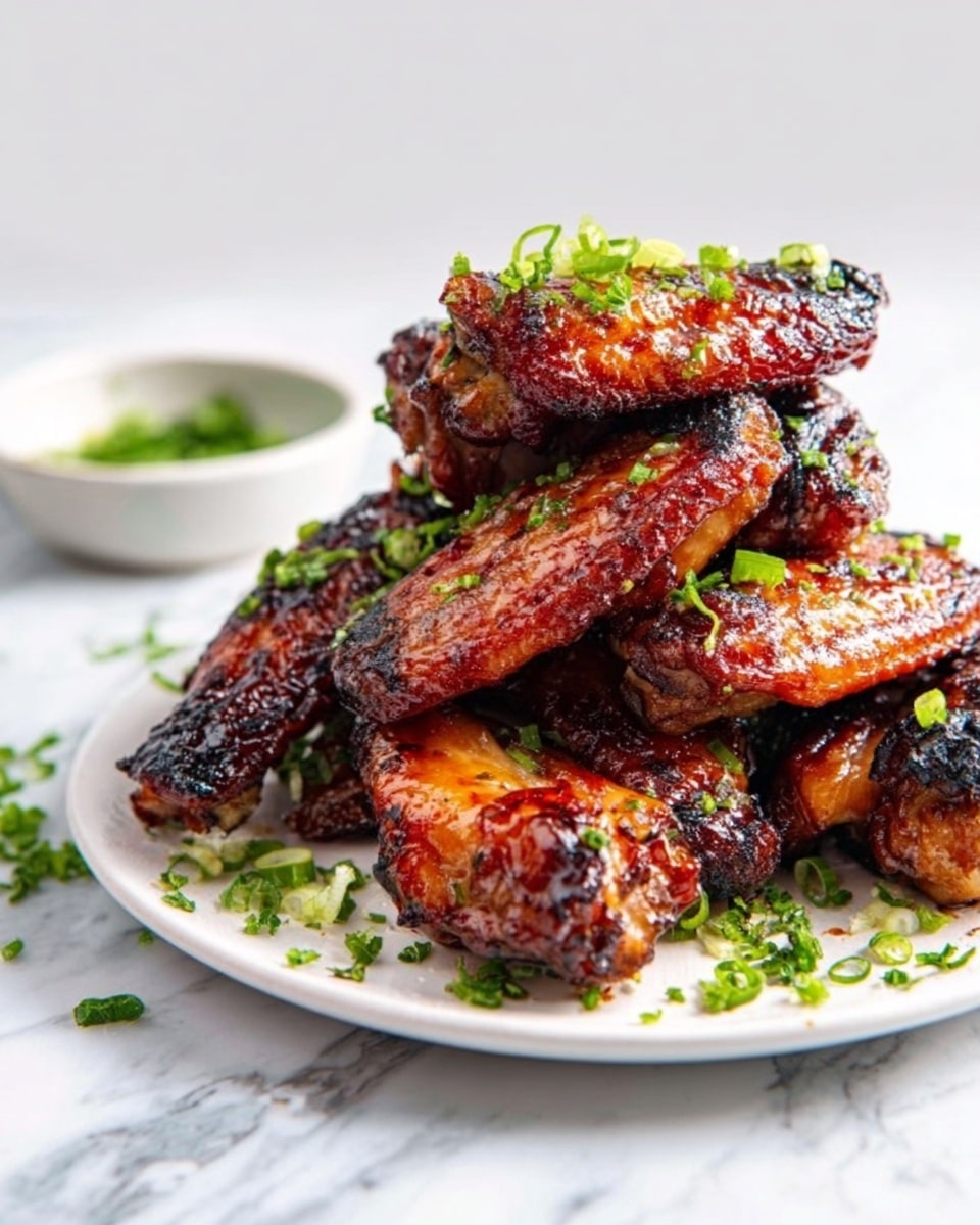 The image shows a stack of six grilled chicken wings on a white plate. The wings have a shiny, dark reddish-brown glaze with slight charring and grill marks, giving a crispy texture. They are garnished with small pieces of bright green chopped herbs scattered over the wings and plate. In the background, there is a small white bowl with more green herb garnish. The scene is set on a white marbled surface. Photo taken with an iphone --ar 4:5 --v 7