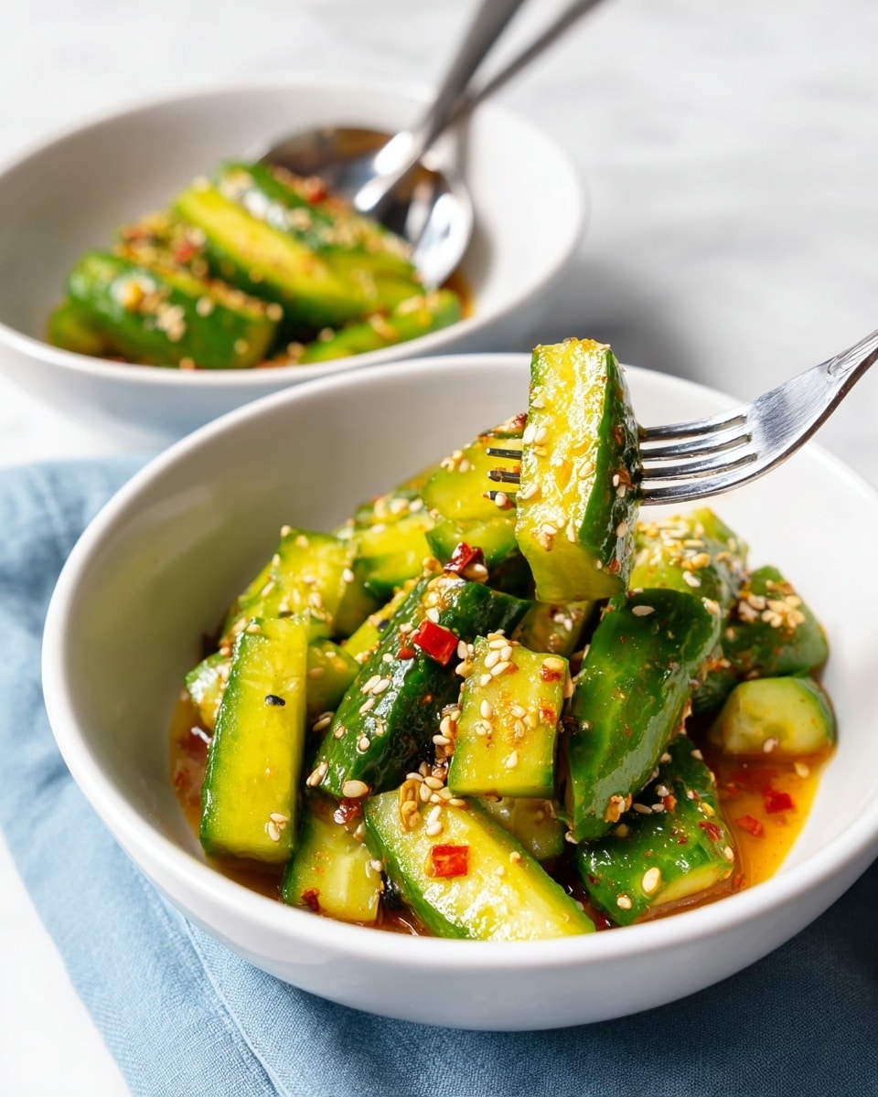 The image shows a white bowl filled with bright green cucumber pieces cut into thick sticks, mixed with a shiny sauce that looks slightly oily and orange-brown in color. The cucumbers are sprinkled with small bits of crushed garlic, black and white sesame seeds, and tiny red chili flakes. A silver fork is lifting some cucumber sticks above the bowl. In the background, there is another white bowl with a similar sauce and cucumber pieces, along with two silver spoons resting inside it. The bowls sit on a white marbled surface with a folded blue cloth nearby. Photo taken with an iphone --ar 4:5 --v 7