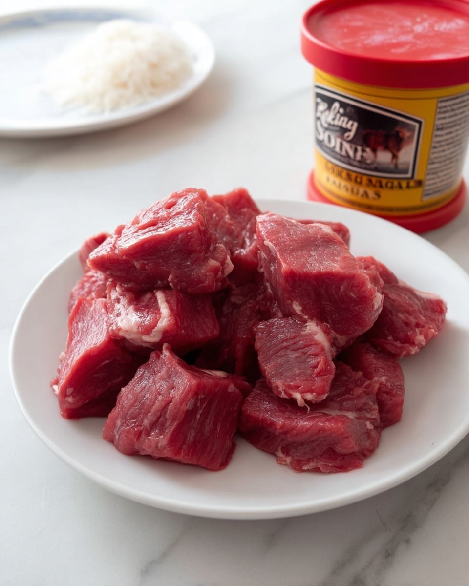 On a white plate, there are about eight pieces of raw red meat with a fresh, slightly shiny texture, stacked loosely in the center, showing their irregular shapes and some light marbling of fat; behind the plate, there is a red container of baking soda with a yellow label and vintage style font, placed on a white marbled surface; on the left side of the image, there is another white plate partly visible with a small mound of cooked white rice. Photo taken with an iphone --ar 4:5 --v 7