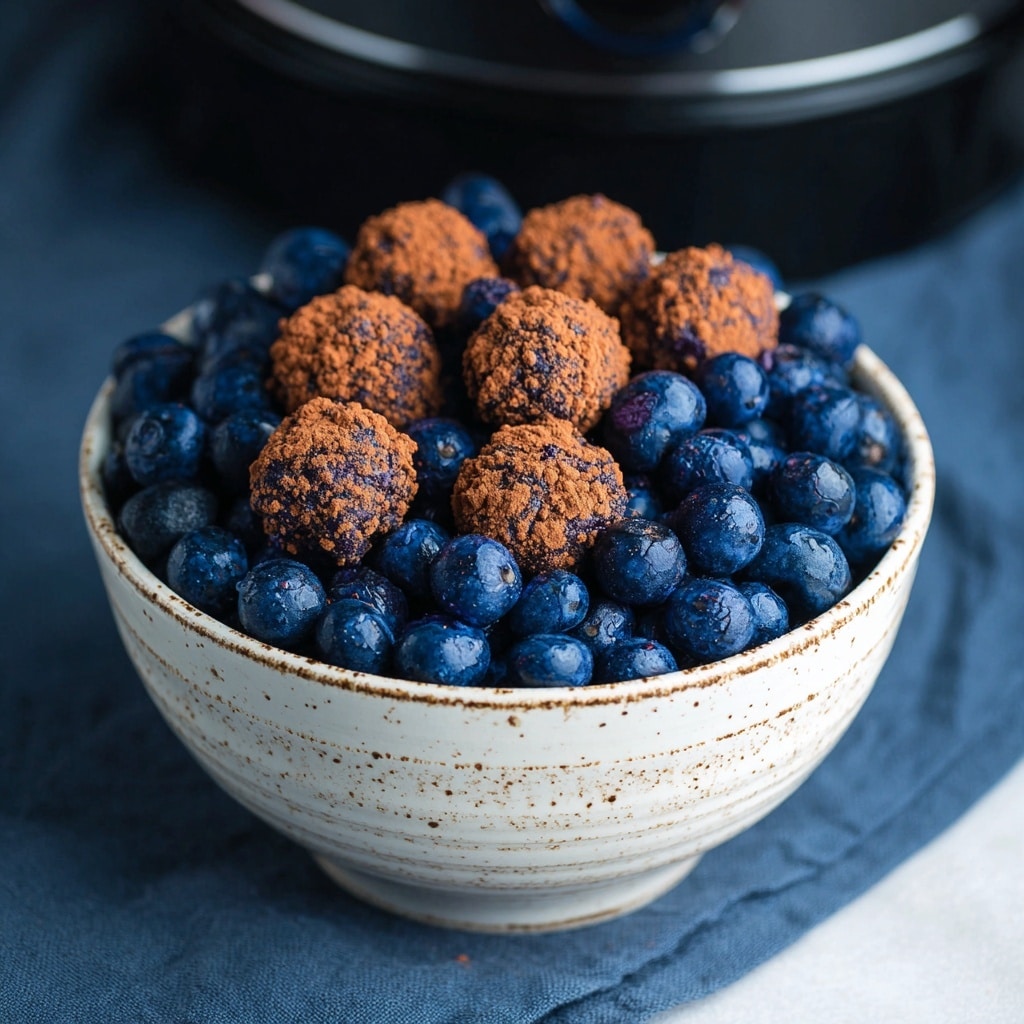 Inside a black slow cooker, there are three visible layers. The bottom layer is smooth, dark brown melted chocolate, filling the bowl’s base. Above that is a middle layer of fresh blueberries, round and deep blue with a matte finish, spread evenly across the chocolate. The top layer consists of many small, round, textured chocolate cereal balls, light brown in color, covering the blueberries. The slow cooker is placed on a white marbled surface with a blue and white striped cloth partially visible in the background. photo taken with an iphone --ar 4:5 --v 7