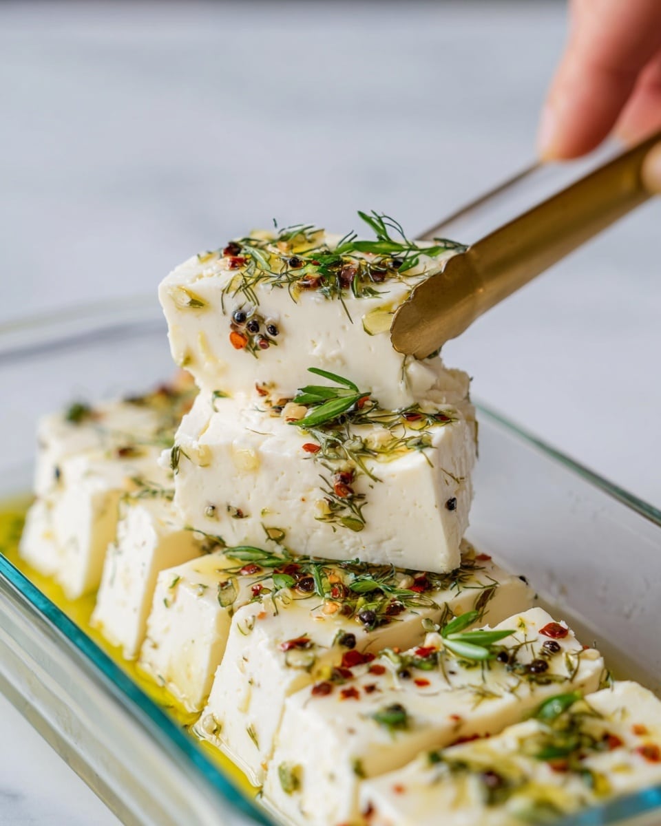 The image shows three white cheese slices stacked on top of each other held by golden tongs and woman's hand. The cheese slices are speckled with cracked black pepper and red chili flakes, and they are garnished with small sprigs of fresh green herbs. The cheese pieces have a firm, smooth texture with slight holes and are slightly oily. Below, in a clear glass rectangular dish, there are more cheese slices arranged in rows, also seasoned similarly with herbs and spices, sitting in a pool of olive oil. The background is a white marbled surface. photo taken with an iphone --ar 4:5 --v 7
