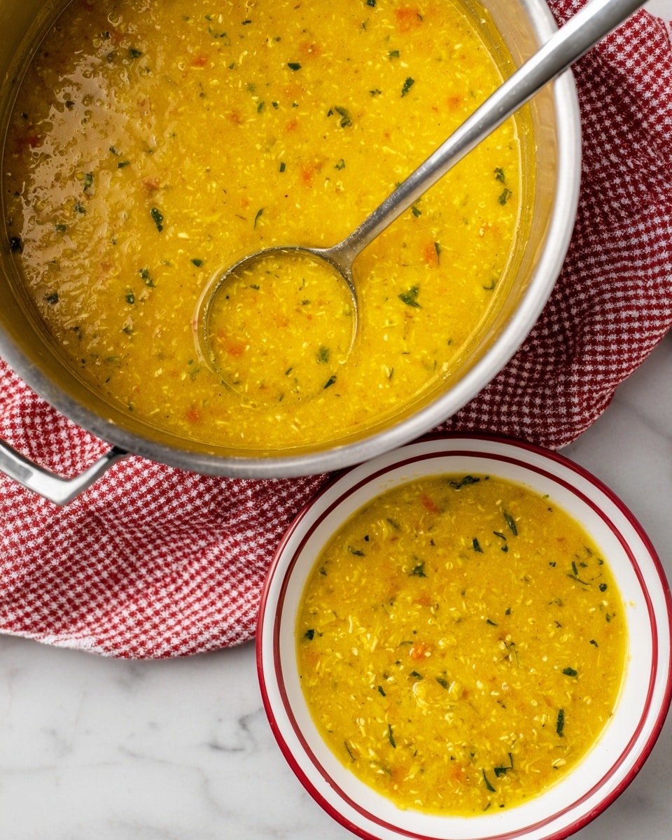 A close-up of a thick yellow-orange soup with visible small grainy texture and green herb pieces throughout, shown in a metal pot with a silver ladle scooping some soup, and a white bowl with a red rim filled with the same soup below it; the scene is set on a white marbled surface with a white cloth featuring red checkered lines partially visible. photo taken with an iphone --ar 4:5 --v 7