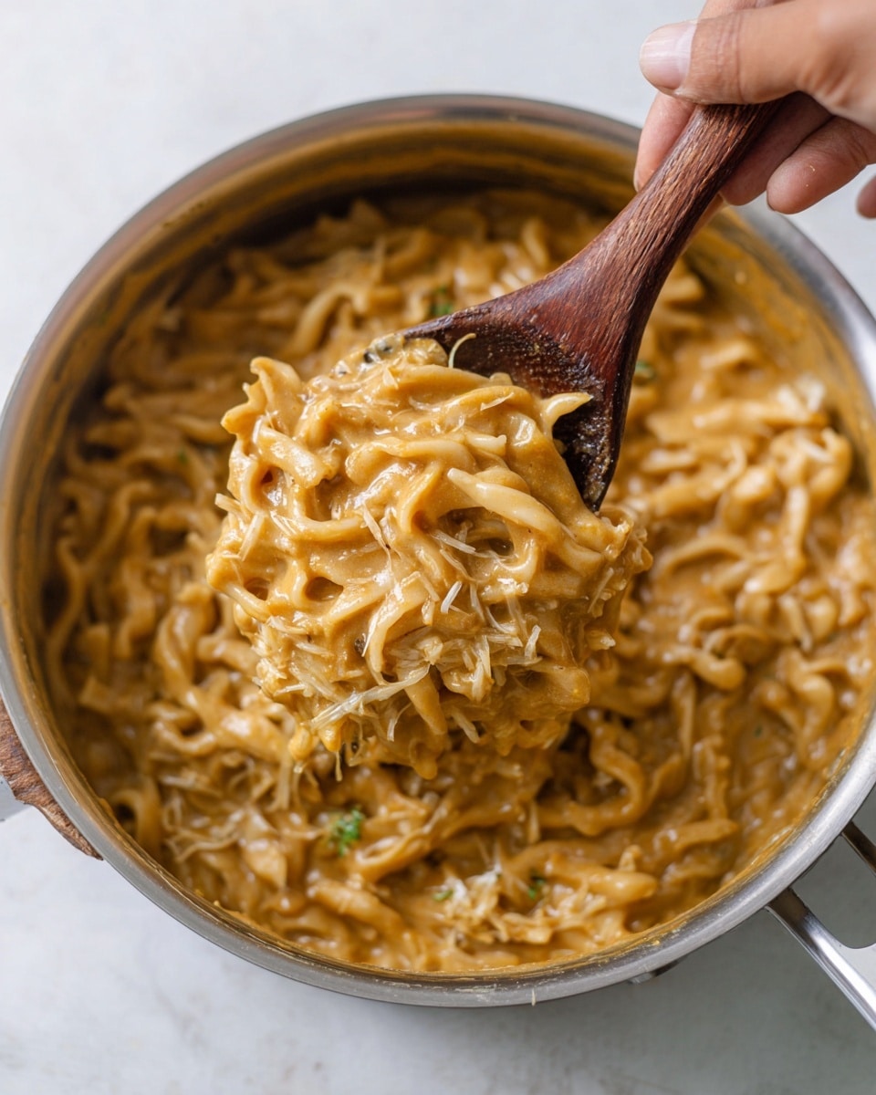 The image shows a close-up of a creamy, thick noodle dish in a silver pot with a wooden spoon lifting a portion. The dish has one main layer made of short, thick noodle pieces coated in a smooth, light brown sauce with visible shredded bits mixed in. The texture looks rich and slightly glossy, and the pot is set on a white marbled surface. A woman's hand is holding the wooden spoon. Photo taken with an iphone --ar 4:5 --v 7