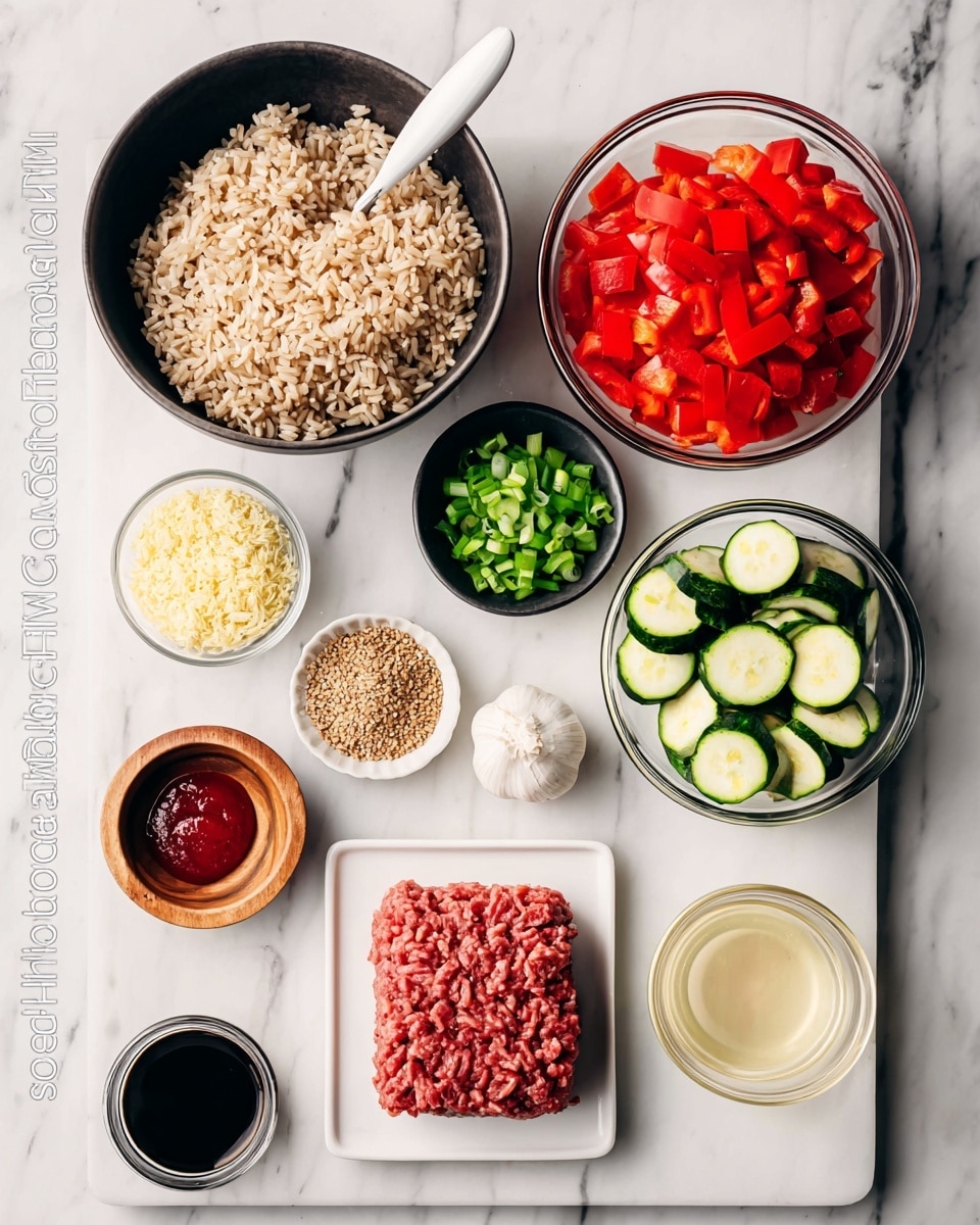 The image shows an arrangement of various ingredients on a white marbled surface. In the center-left, there is a dark round bowl filled with light brown cooked rice with a white spoon resting on top. Above the rice, a small black bowl holds chopped green onions. To the right, a clear glass bowl contains diced red bell peppers, and below it, another clear glass bowl holds sliced green zucchini with white flesh. Near the center is a small wooden bowl filled with sesame seeds. Below these, there are several small white bowls containing different ingredients: light brown sugar, red sauce, minced garlic, chopped white onions, yellow grated ginger, a dark liquid in a small cup, and a glass cup with a pale liquid. A white tray in the center bottom holds a block of raw red ground meat. The whole setup is clean and organized. Photo taken with an iphone --ar 4:5 --v 7