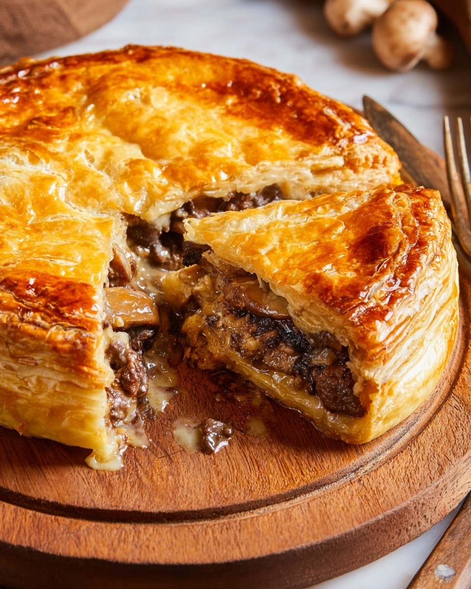 The image shows a close-up of a round savory pie with two main layers. The top layer is golden brown, flaky, and slightly shiny with a crisp texture, while the bottom layer is a thick, light beige crust holding the filling. The filling inside is dark brown with chunks of meat and a creamy light brown sauce mixed together, visible where a wedge is missing from the pie. The pie sits on a round wooden board that has a warm, rustic look, resting on a white marbled surface. The scene includes a fork placed near the bottom right corner and some mushrooms blurred in the background. Photo taken with an iphone --ar 4:5 --v 7