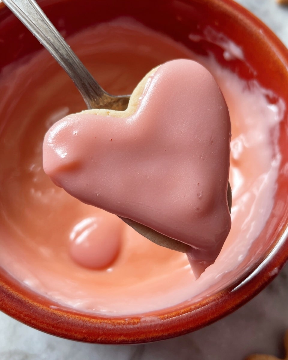 A close-up image shows a heart-shaped cookie coated with smooth, light pink icing, held on a metal spoon. The spoon scoops the cookie out of a red ceramic bowl filled with the same pink icing, which has a creamy and slightly glossy texture. The scene sits on a white marbled surface with a small drop of icing visible near the bowl. The focus is on the thick icing covering the cookie, highlighting its shiny, soft finish. Photo taken with an iphone --ar 4:5 --v 7