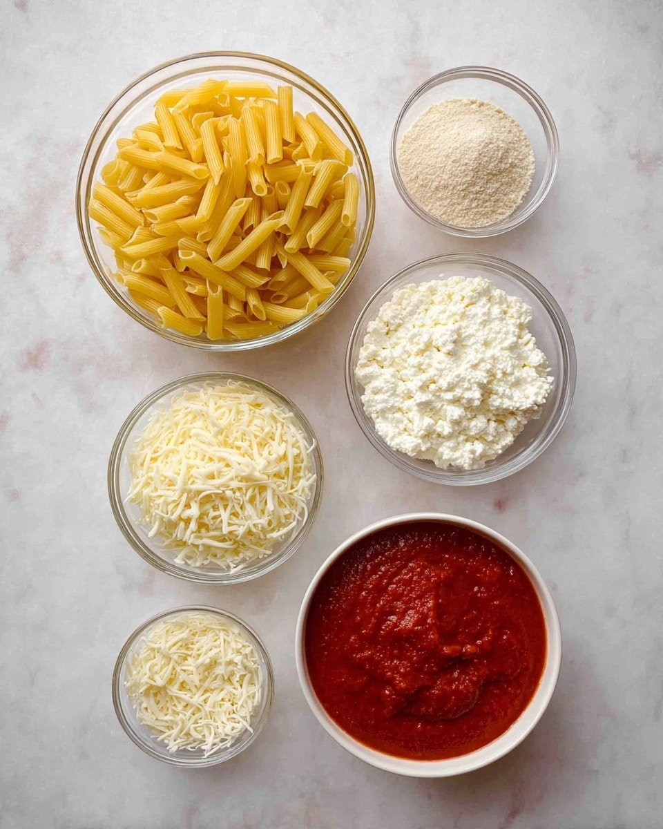 Five clear glass bowls and one white bowl are arranged on a white marbled surface. The largest bowl in the top left contains yellow dry macaroni pasta. To its right are two small glass bowls, one with light beige powder and the other with a finer beige powder. Below these, a glass bowl with white ricotta cheese is on the right and another glass bowl with shredded white cheese is on the left. At the bottom right, there is a white bowl filled with thick red tomato sauce. The arrangement is neat and the colors of the ingredients create a pleasing contrast. photo taken with an iphone --ar 4:5 --v 7