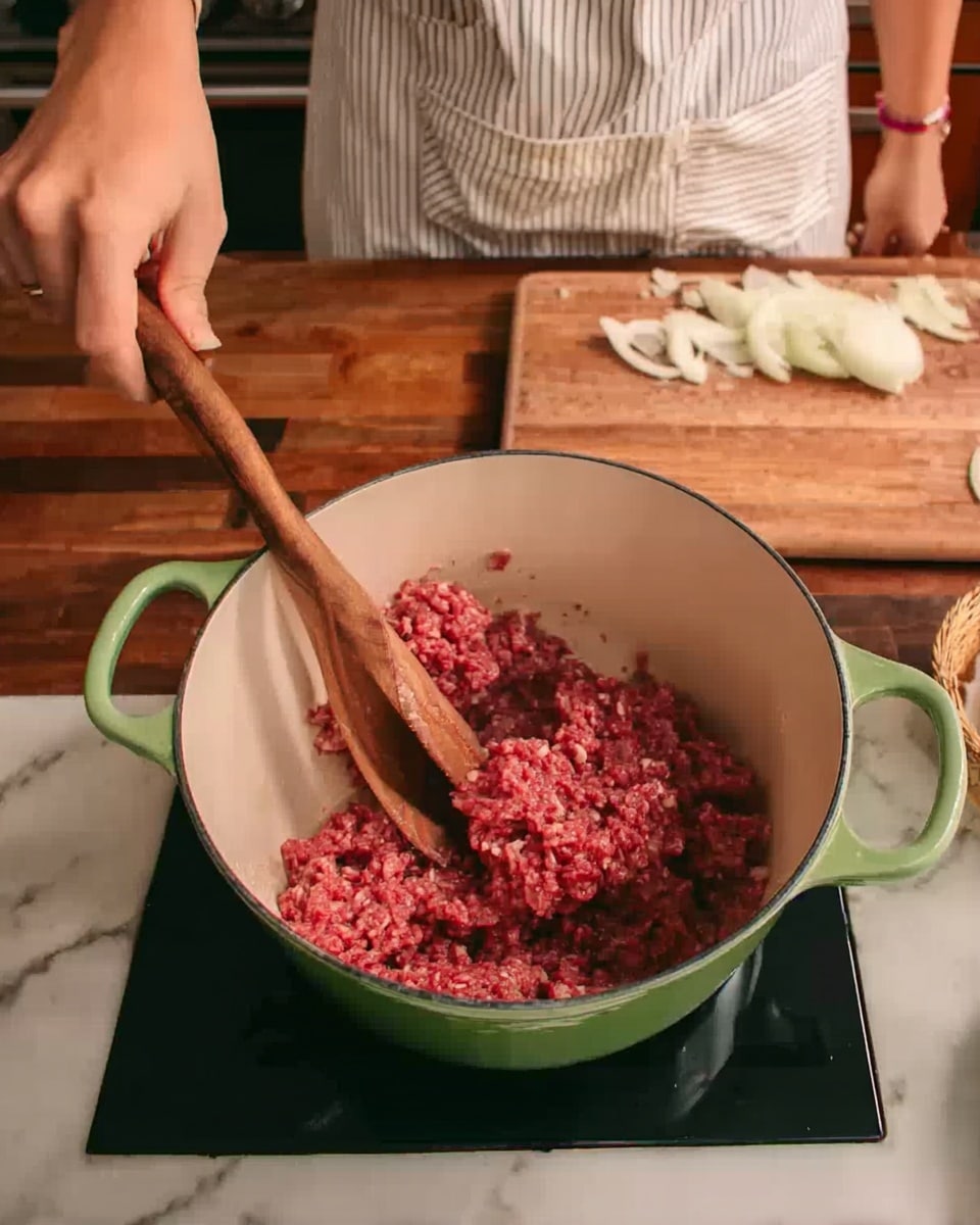 In the image, there is a green pot with white inside placed on a stove top. Inside the pot, raw ground red meat is being moved by a woman's hand holding a wooden spoon. The stove is black and the surrounding kitchen counter is made of wood. A wooden cutting board with white onion pieces rests to the right side on the wood countertop. The woman's arm is partially visible, wearing a short-sleeved red shirt and a white apron with black lines. The scene is set against a white marbled surface. photo taken with an iphone --ar 4:5 --v 7