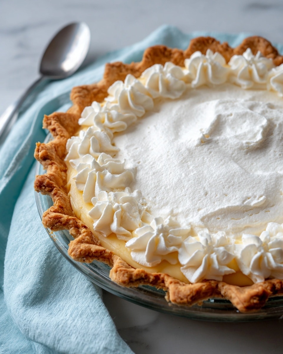 A close-up view of a pie with three layers: the bottom layer is a golden brown, flaky crust with crimped edges; the middle layer is smooth and creamy, covered completely by the top layer; the top layer is a thick, white whipped cream spread smoothly over the whole pie with dollops of whipped cream piped decoratively around the edge. The pie is in a clear glass dish, placed on a white marbled surface next to a light blue cloth and a silver spoon. photo taken with an iphone --ar 4:5 --v 7