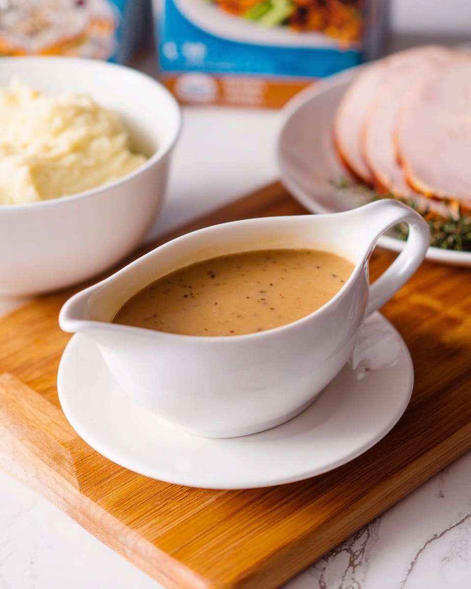 The image shows a white gravy boat filled with smooth, light brown gravy with visible small herb specks, sitting on a white saucer placed on a wooden cutting board. In the background on a white marbled surface, there is a white bowl with creamy mashed potatoes, and a white plate with a few slices of light pink sliced meat. A blue box with an image of a dip and celery sticks is partially visible behind the plate. photo taken with an iphone --ar 4:5 --v 7