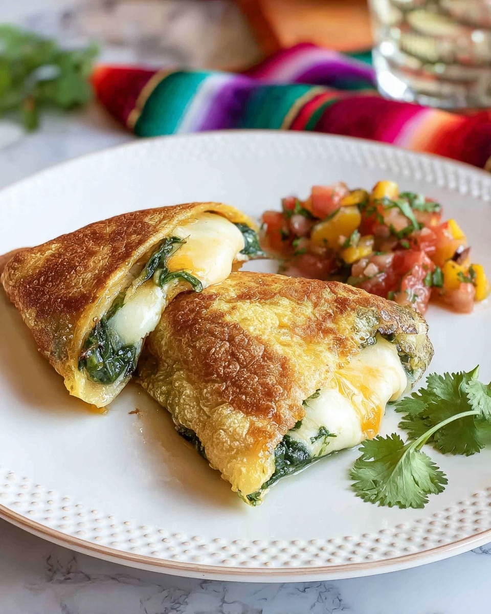 Two triangular pieces of a golden-brown folded pancake sit on a white plate with a subtle dotted rim. The pancake’s outer layer is light and crispy, with some green spinach or herb visibly folded inside along with a thick, creamy, pale yellow cheese filling that is slightly melting and oozing out. To the side, there is a small serving of chunky red tomato salsa mixed with yellow bell peppers and green herbs. A single sprig of fresh green cilantro lies in front of the food on the plate. The background shows a soft colorful cloth and a glass; the surface beneath the plate is a white marbled texture. photo taken with an iphone --ar 4:5 --v 7