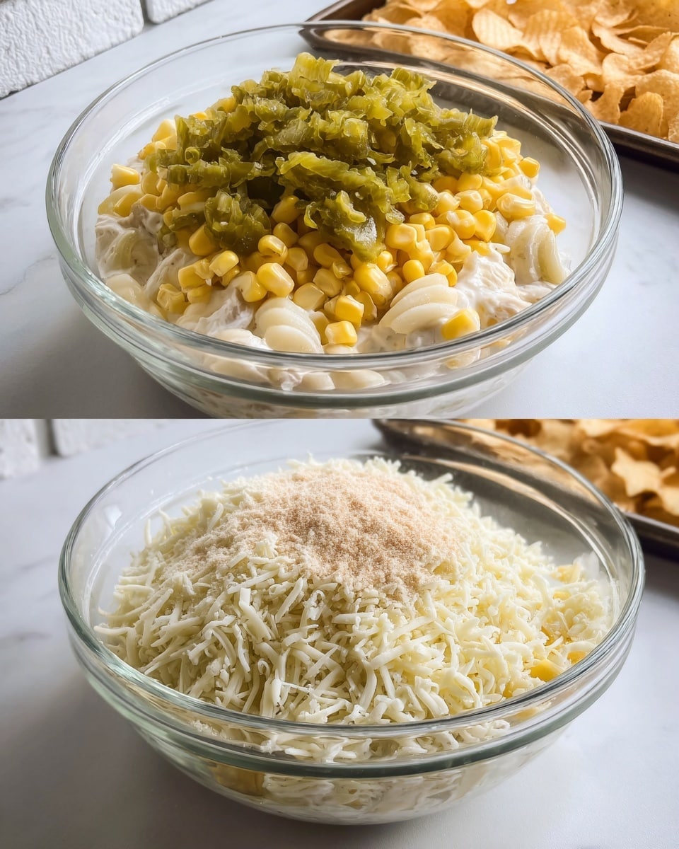 A clear glass bowl holds a layered mixture starting with a creamy white base, topped with bright yellow corn kernels, and a pile of green chopped pickles in the center. To the side, a white marbled surface and a white brick wall background can be seen with a dark baking tray holding ruffled chips. In the second image, the same bowl now shows a thick mound of finely shredded white cheese with a small sprinkle of light tan powder on top, resting over the corn and pickles. The scene stays consistent with the white marbled surface and the white brick wall in the background. Photo taken with an iphone --ar 4:5 --v 7