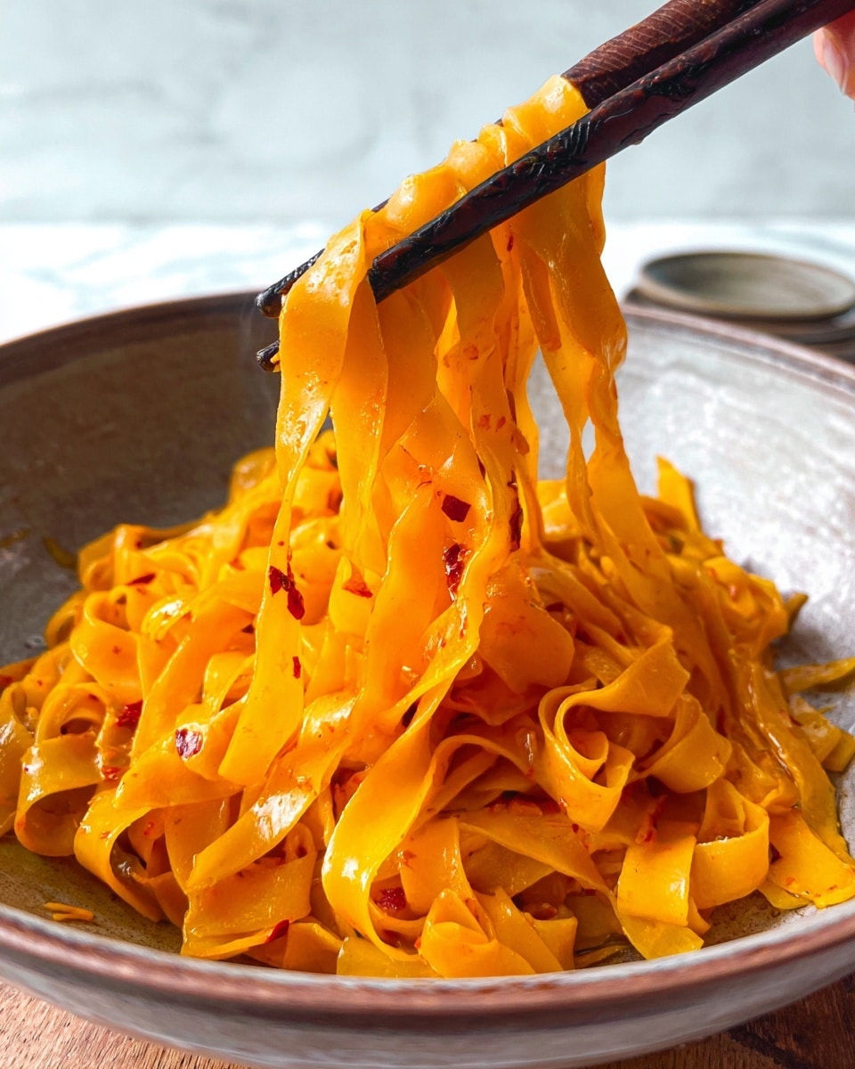 The image shows a close-up of wide flat noodles, bright orange with a glossy texture, lifted by a pair of dark chopsticks held by a woman's hand. The noodles have a slightly oily shine and small bits of red chili scattered throughout them. The noodles sit inside a round bowl with a muted brown exterior, placed on a white marbled surface. In the background, there is another empty white plate that is out of focus. The overall look is warm, vibrant, and inviting. photo taken with an iphone --ar 4:5 --v 7