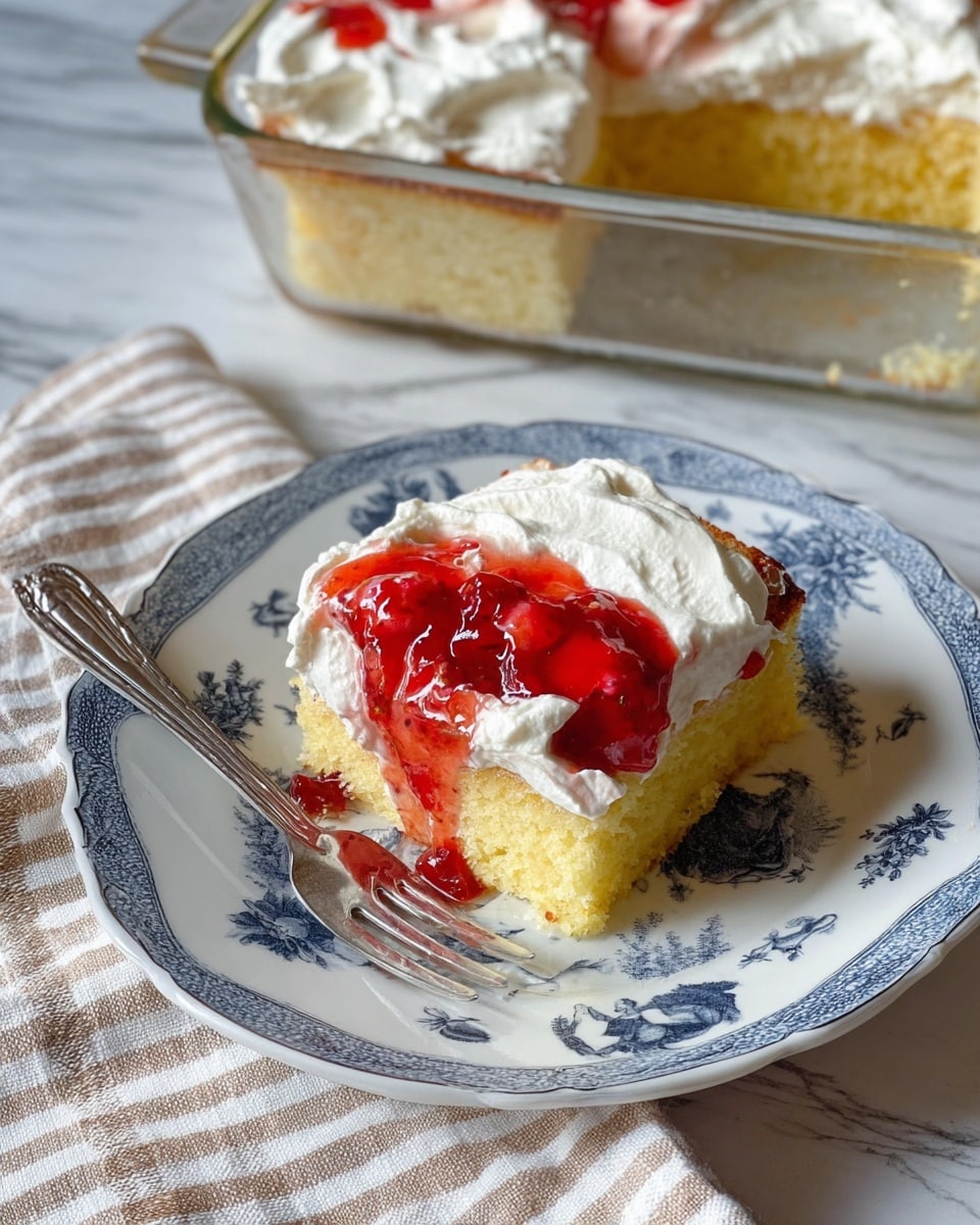 A piece of yellow cake with a soft texture sits in the center of a white plate decorated with blue vintage patterns showing scenes of people and nature. On top of the cake, there is a thick white layer of whipped cream that looks light and fluffy, and on the left side, a shiny red layer of strawberry topping with chunks of strawberry dripping slightly down the side. A silver fork rests diagonally on the plate, with its handle extending to the front left corner. In the background, a glass baking dish shows the rest of the cake with similar layers of white whipped cream and red strawberry topping, all placed on a cloth with beige and white stripes over a white marbled surface. photo taken with an iphone --ar 4:5 --v 7