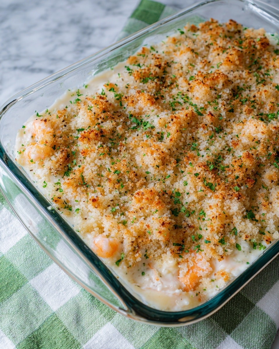 The image shows a clear glass baking dish filled with a baked seafood casserole. The dish has a thick, creamy white base layer mixed with small bits of pink shrimp visible throughout. On top, there is a golden brown crumb crust that is crispy and uneven, sprinkled with chopped green herbs. The casserole is placed on a green and white checked cloth over a surface with a white marbled texture. Photo taken with an iphone --ar 4:5 --v 7