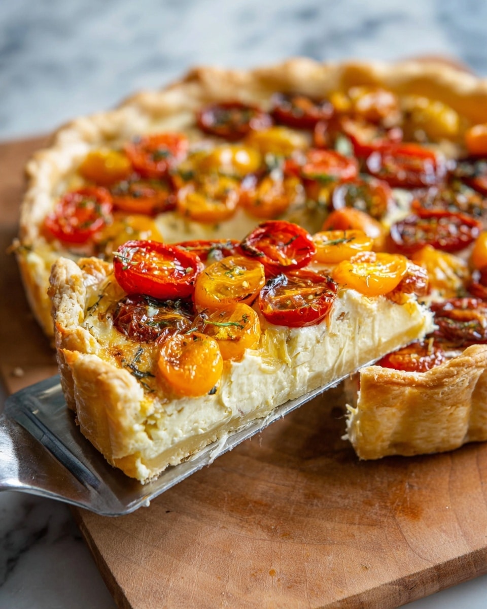 A slice of tomato tart is being lifted from the whole tart by a metal spatula. The tart has three main layers: a golden, flaky puff pastry crust at the bottom with a light and crispy texture; a creamy, pale yellow cheese filling spread evenly on top of the crust; and on the top layer, there are many halved cherry tomatoes in shades of red, orange, and yellow, some slightly roasted and wrinkled, mixed with small bits of green herbs. The tart rests on a white marbled surface, and the background is softly blurred. Photo taken with an iphone --ar 4:5 --v 7