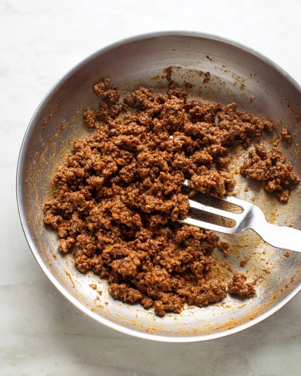 The image shows a silver metal pan filled with cooked ground beef, which has a rich brown color with small bits of seasoning visible, giving it a textured and slightly oily surface. A metal spatula rests inside the pan, partly under the beef, indicating the beef is being stirred or cooked. The pan sits on a white marbled surface with natural light coming from above, highlighting the shiny surface of the pan and the browned meat inside. photo taken with an iphone --ar 4:5 --v 7