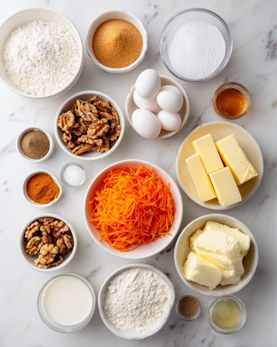 An organized overhead view shows multiple small white bowls filled with various baking ingredients arranged on a white marbled surface; starting from the top left, there is a shallow white bowl with white flour, next to it a bowl with white sugar, followed by a bowl with two white eggs, a bowl of light brown sugar, and a small bowl with milk. Below these, there are tiny white bowls holding spices in shades of brown and white powders, a bowl with chopped walnuts, and a bowl filled with white powdered sugar. On the bottom left, a small bowl of light brown sugar and a bowl of coarse salt, a central large white bowl overflowing with bright orange shredded carrots, two sticks of yellow salted butter, and a bowl with thick white cream. Additional bowls hold cubes of pale yellow butter and a block of white cream cheese, along with a couple of small clear bowls containing vanilla and a light brown liquid extract. The whole setup appears clean and neatly spaced, emphasizing the varied textures and colors of the ingredients against the smooth, bright white marbled background, photo taken with an iphone --ar 4:5 --v 7
