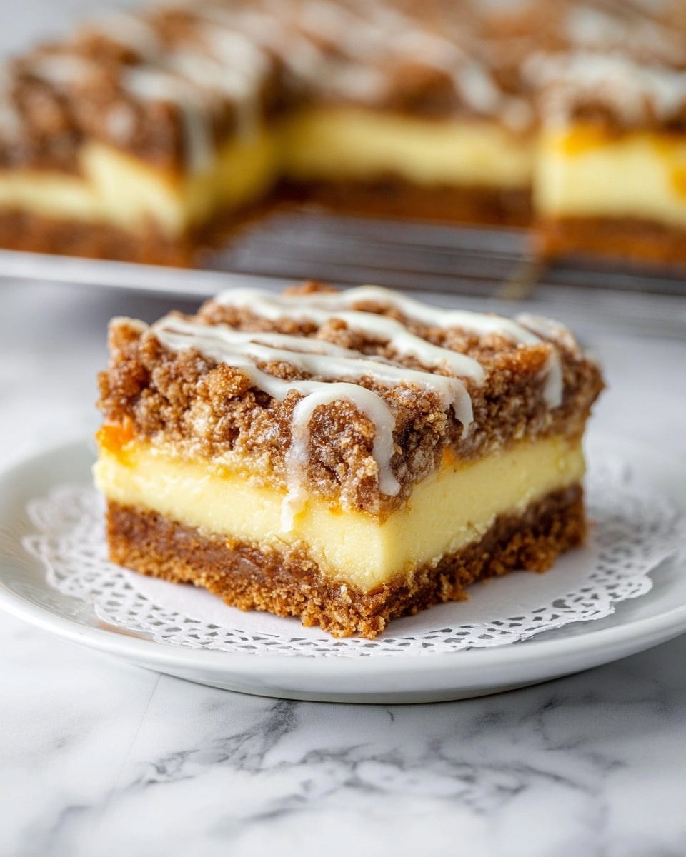 A square slice of a layered dessert sits on a white plate with a delicate white paper doily underneath. The bottom layer is a brown, crumbly crust with small orange specks, followed by a smooth, creamy pale yellow middle layer. The top layer is a thick, rough-textured brown crumb topping with a light drizzle of white icing that runs in lines across it. The plate is on a white marbled surface, with a blurred background showing more slices of the same dessert on a rack. photo taken with an iphone --ar 4:5 --v 7