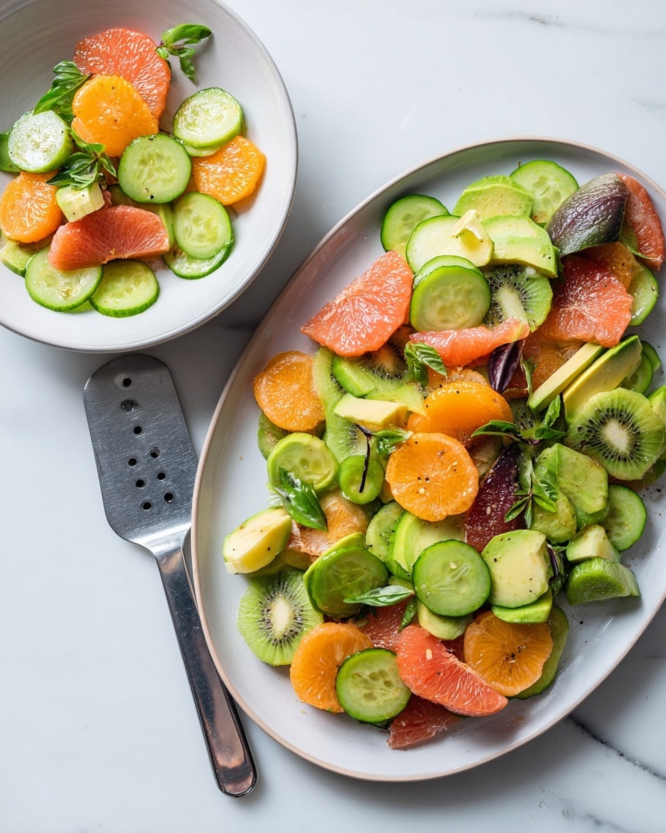 The image shows a fresh fruit and vegetable salad served on a large white plate and in a white bowl, placed on a white marbled surface. The salad has several layers starting with green slices of cucumber and avocado, bright orange segments of mandarin, pale pink pieces of grapefruit, and green slices of kiwi with black seeds. Small green leaves, likely basil, are scattered across the salad adding a touch of leafy texture. The salad pieces are mixed loosely with some piled high and others spread out, displaying a colorful and fresh combination. A metal spatula with small holes rests on the plate beside the salad. Photo taken with an iphone --ar 4:5 --v 7