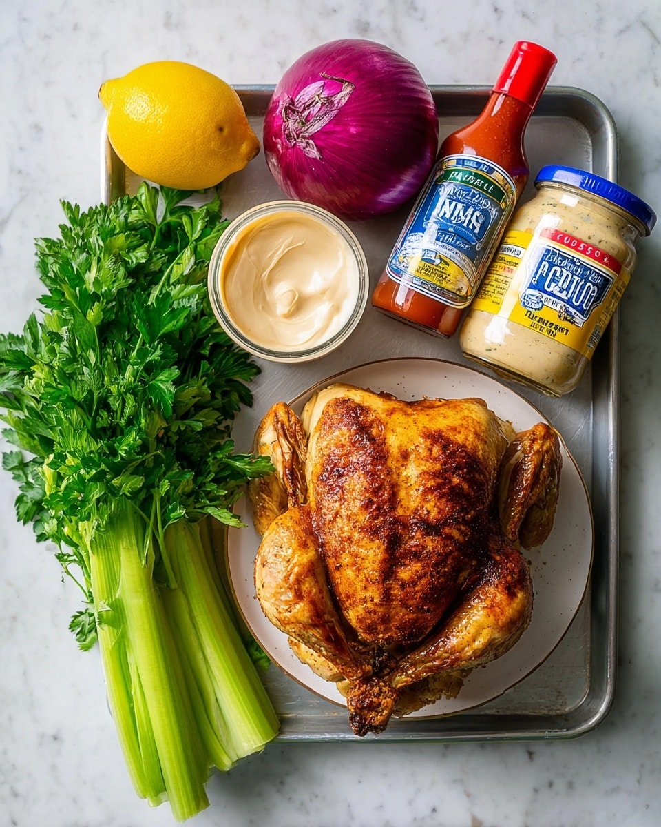 The image shows a whole roasted chicken with golden brown, crispy skin placed on a round white plate. To the left of the chicken is a bunch of fresh green parsley and a stalk of celery, both lying flat on the white marbled surface. Above the chicken, there is a bright yellow lemon, a large purple-red onion, and a bottle of red hot sauce with a red cap. To the right of the chicken, there is a large jar of creamy mayonnaise with a blue lid and a jar of coarse mustard with a blue and red lid. All items rest on a metal tray set against the white marbled background. Photo taken with an iphone --ar 4:5 --v 7