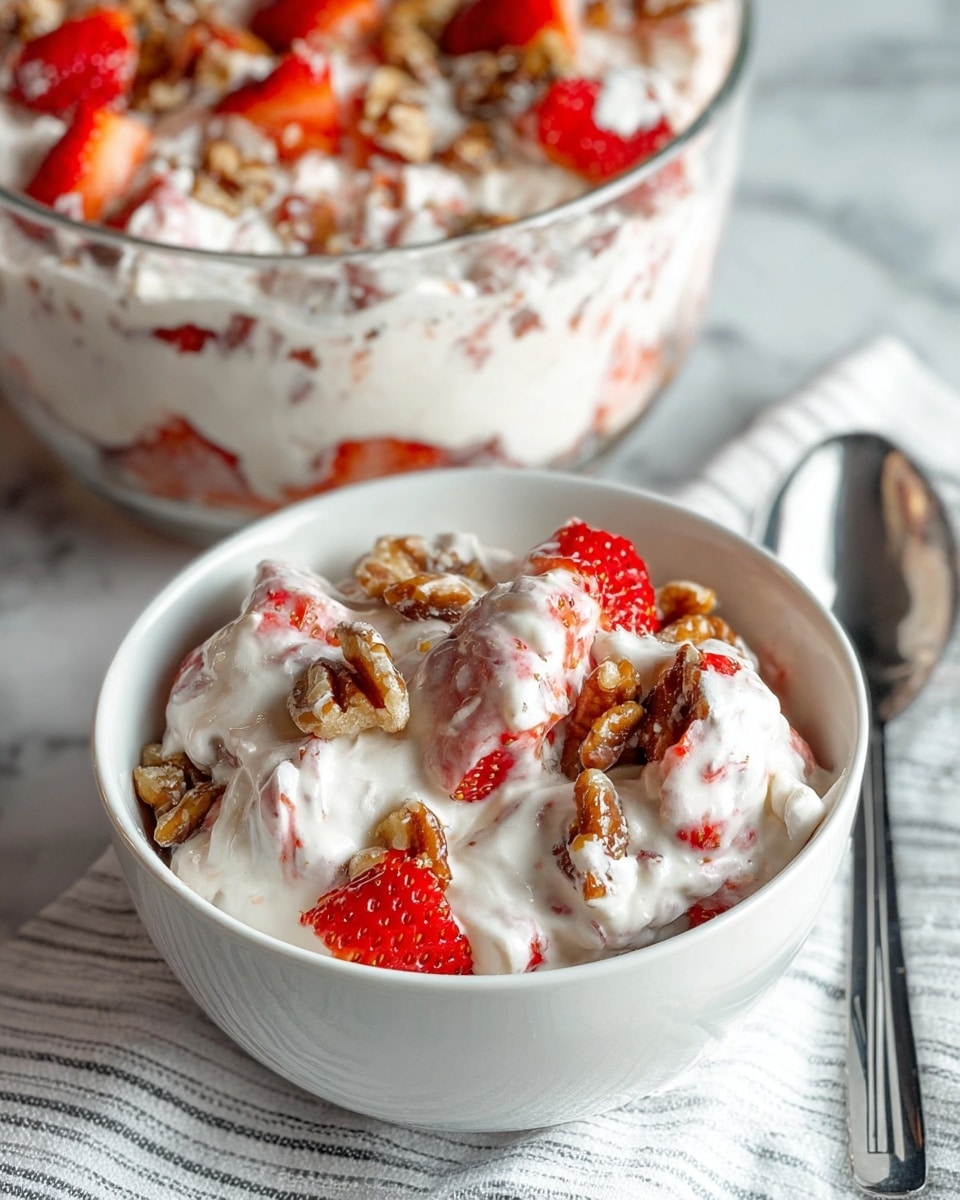 The image shows a small white bowl filled with a creamy white mixture that has visible chunks of red strawberries and brown candied nuts mixed throughout. Behind the bowl is a clear glass bowl that holds more of the same mixture, with layers of whipped white cream, bright red strawberry pieces, and shiny caramelized brown nuts spread evenly on top. The bowl sits on a white cloth with subtle stripes on a white marbled surface, next to a silver spoon. The colors contrast brightly, with the red strawberries standing out against the white cream and the brown nuts adding texture and depth. Photo taken with an iphone --ar 4:5 --v 7