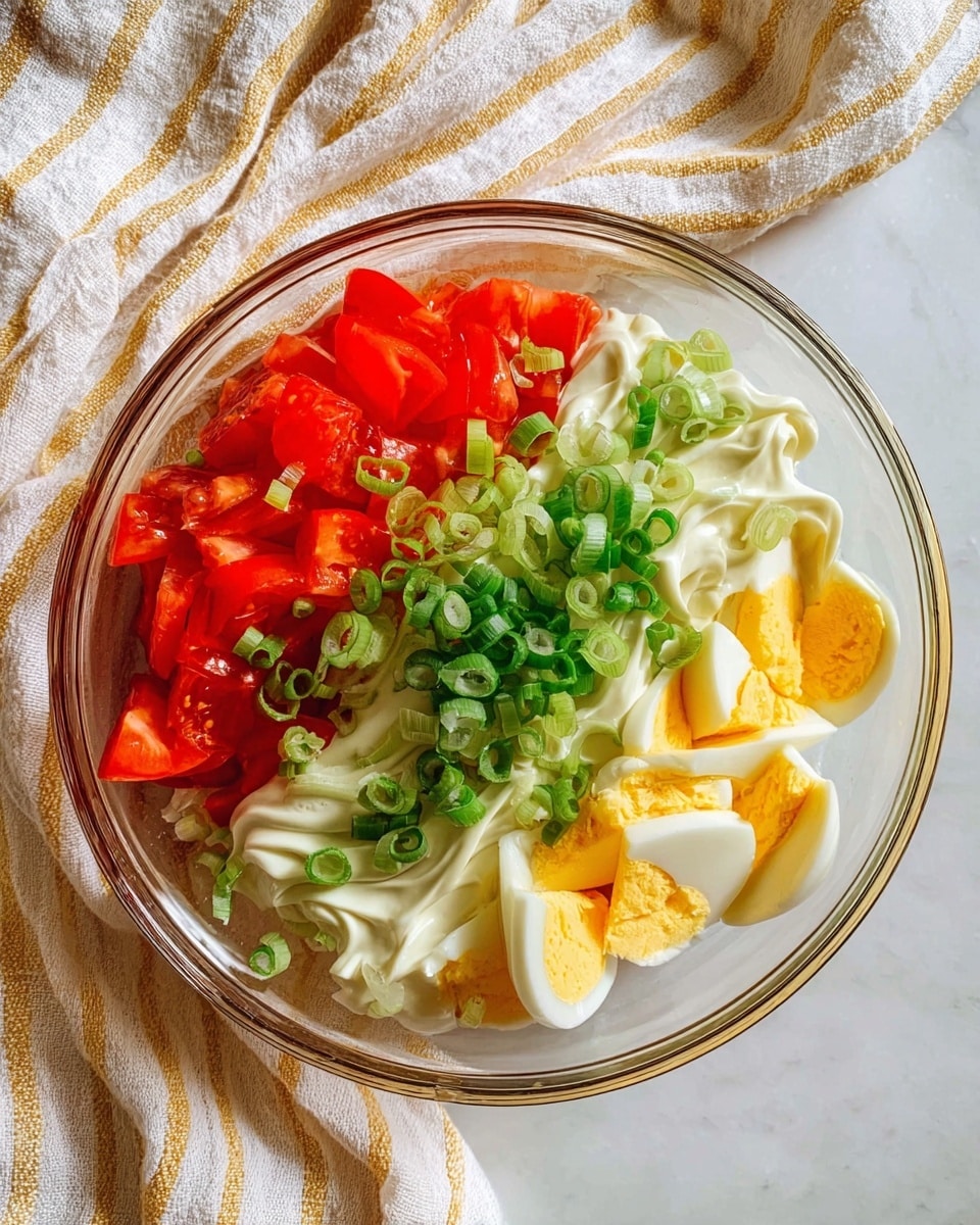 The clear glass bowl contains three main layers arranged next to each other: bright red chopped tomatoes on the left, a layer of roughly chopped hard boiled eggs with bright yellow yolks and white edges in the middle, and a creamy white mayo-like swirl on the right. On top of the eggs and mayo is a layer of finely sliced green onions adding a fresh green touch. The bowl is placed on a white marbled surface with a cream and beige striped cloth draped in the background. Photo taken with an iphone --ar 4:5 --v 7