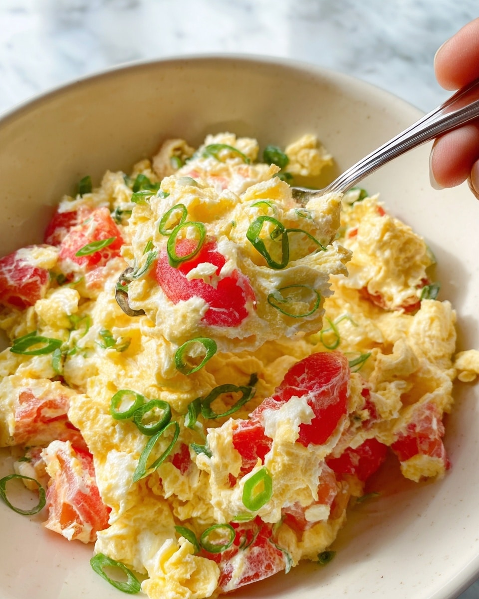 This close-up image shows a dish in a white bowl held by a woman's hand holding a spoon. The dish is made of soft yellow scrambled eggs mixed with bright red tomato pieces and fresh green thin sliced scallions. The texture looks creamy and fluffy with visible layers of egg folds, chunks of tomato, and curly green scallion strips spread throughout. The background is a white marbled texture. Photo taken with an iphone --ar 4:5 --v 7