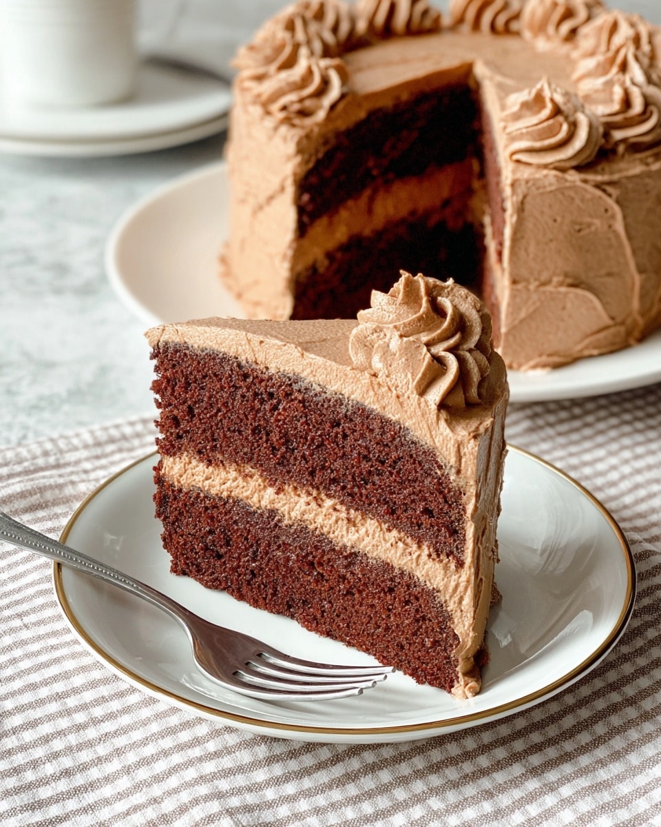 The image shows a slice of chocolate cake on a white plate with a gold rim, placed on a checked cloth with a white marbled texture surface underneath. The cake slice has two dark brown moist cake layers separated by a thick layer of creamy, light brown chocolate frosting, with a thick layer of the same frosting spread on top, decorated with soft swirls. Behind the slice, the whole cake is visible with a similar frosting texture covering the sides and top. A silver fork rests on the plate next to the cake slice. Photo taken with an iphone --ar 4:5 --v 7
