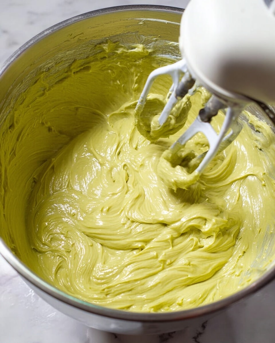 A close-up view of a large silver mixing bowl filled with a thick, bright green batter being mixed by a white hand mixer. The batter has a smooth and creamy texture with swirls and ridges formed from mixing. The metal beaters of the hand mixer are partially submerged and spinning inside the batter, creating movement and texture. The background is a white marbled surface. photo taken with an iphone --ar 4:5 --v 7