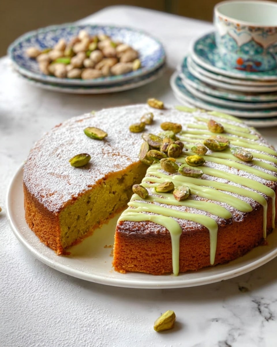 A round cake with a thick golden brown crust and a soft light green inside is on a white plate on a white marbled surface. The cake has one slice taken out, and that slice is placed on a smaller white plate in the background, with a fork next to it. The top of the cake is decorated with light green icing drizzled in parallel lines on one half, while the other half is dusted with powdered sugar and topped with three pistachio nuts. Photo taken with an iphone --ar 4:5 --v 7