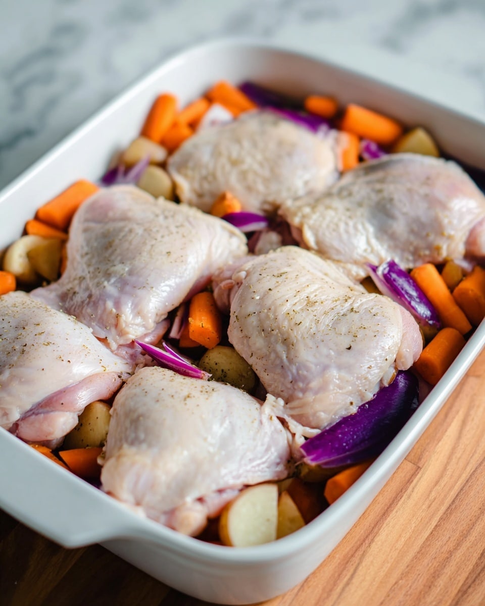 A white baking dish filled with a bottom layer of chopped orange carrots, purple onion slices, and small pieces of light brown potatoes. On top, there are five raw chicken thighs with pale pink and white skin, slightly sprinkled with seasoning. The dish is placed on a wooden surface with a white marbled texture in the background. photo taken with an iphone --ar 4:5 --v 7
