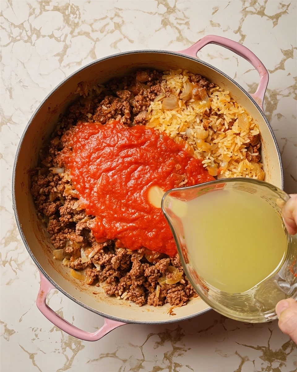 A top view of a pale milky pot with pink handles on a white marbled surface, filled with three layers: the bottom layer has browned ground meat mixed with cooked onions and yellowish rice, the middle layer is a smooth, bright red sauce spread in a big spoon shape over the meat and rice, and a woman’s hand is pouring a light yellow liquid from a clear measuring cup into the pot’s right side, adding a transparent wet layer. Photo taken with an iphone --ar 4:5 --v 7