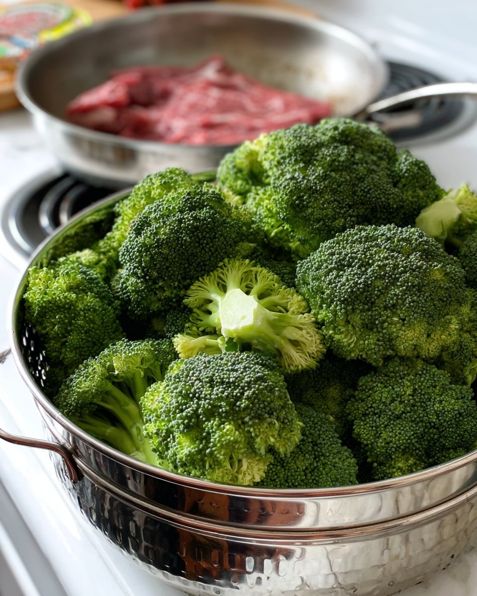 A metal steamer basket filled with many fresh broccoli florets, showing their bright to deep green colors and textured tops with small, tightly packed buds. The florets are layered closely, filling the basket. In the background, there is a metal pan on a white stovetop with a piece of red raw meat inside. The scene is set on a white marbled surface. photo taken with an iphone --ar 4:5 --v 7