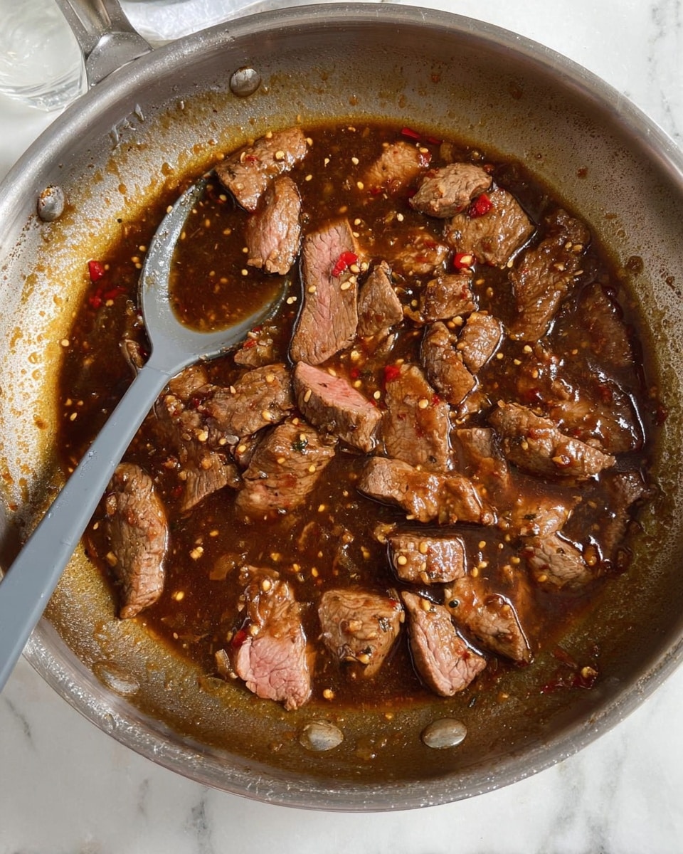 The image shows a close-up of a silver pan filled with brown sauce and multiple chunks of cooked meat. The meat pieces have a mix of darker browned edges and lighter pink centers, suggesting medium doneness. The brown sauce is thick with visible small white seeds and red specks, giving it a textured look with bits of spices or chili. A gray spoon rests inside the pan on the left side, partially covered with the sauce. The pan is set on a white marbled surface, showing a clean kitchen environment. photo taken with an iphone --ar 4:5 --v 7